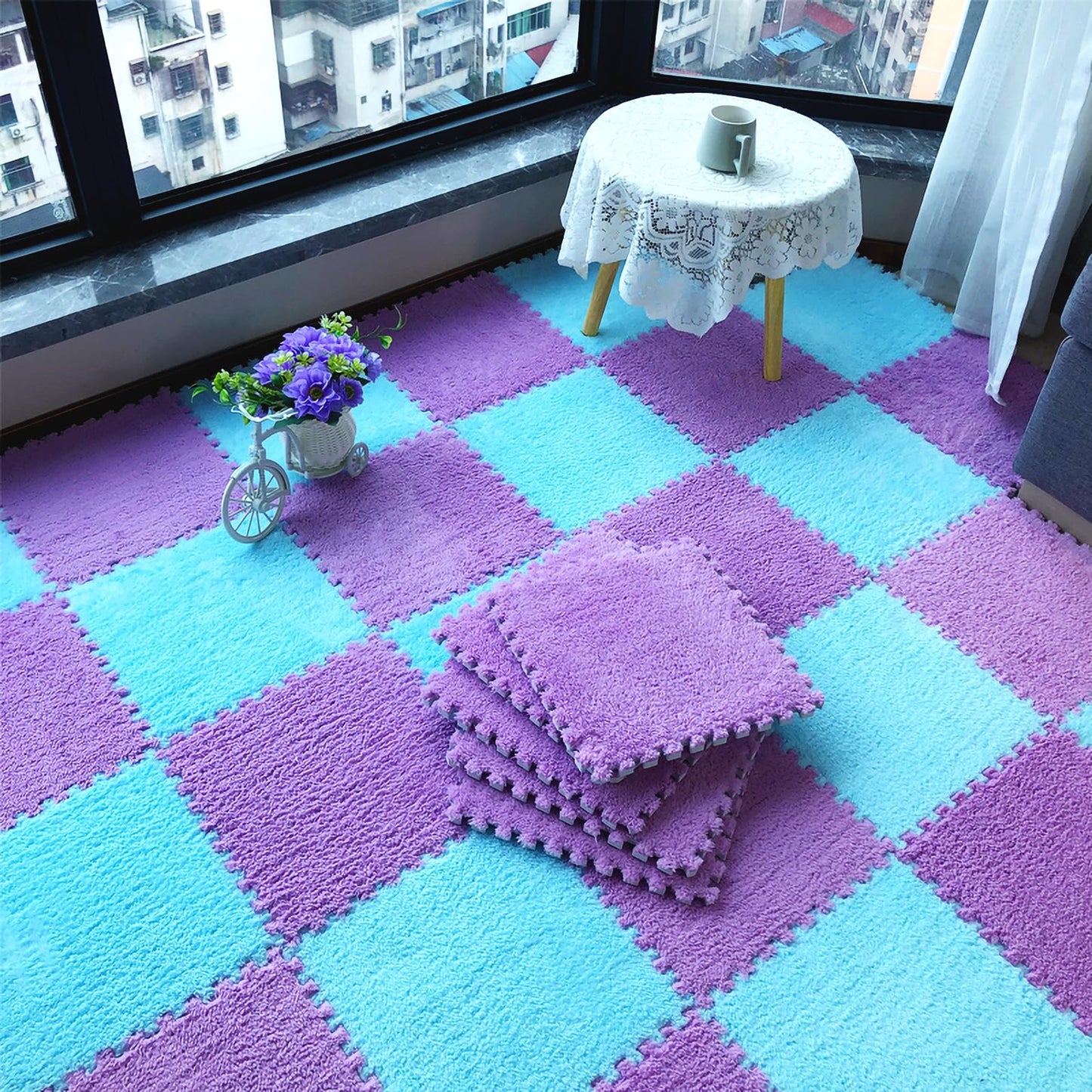 easycustomerlee 12pcs Interlocking Carpet Shaggy Soft EVA Foam Mats Fluffy Rugs Protective Floor Tiles Exercise Play Mats for Children Kids Room Home Parlor Bedroom(Purple)