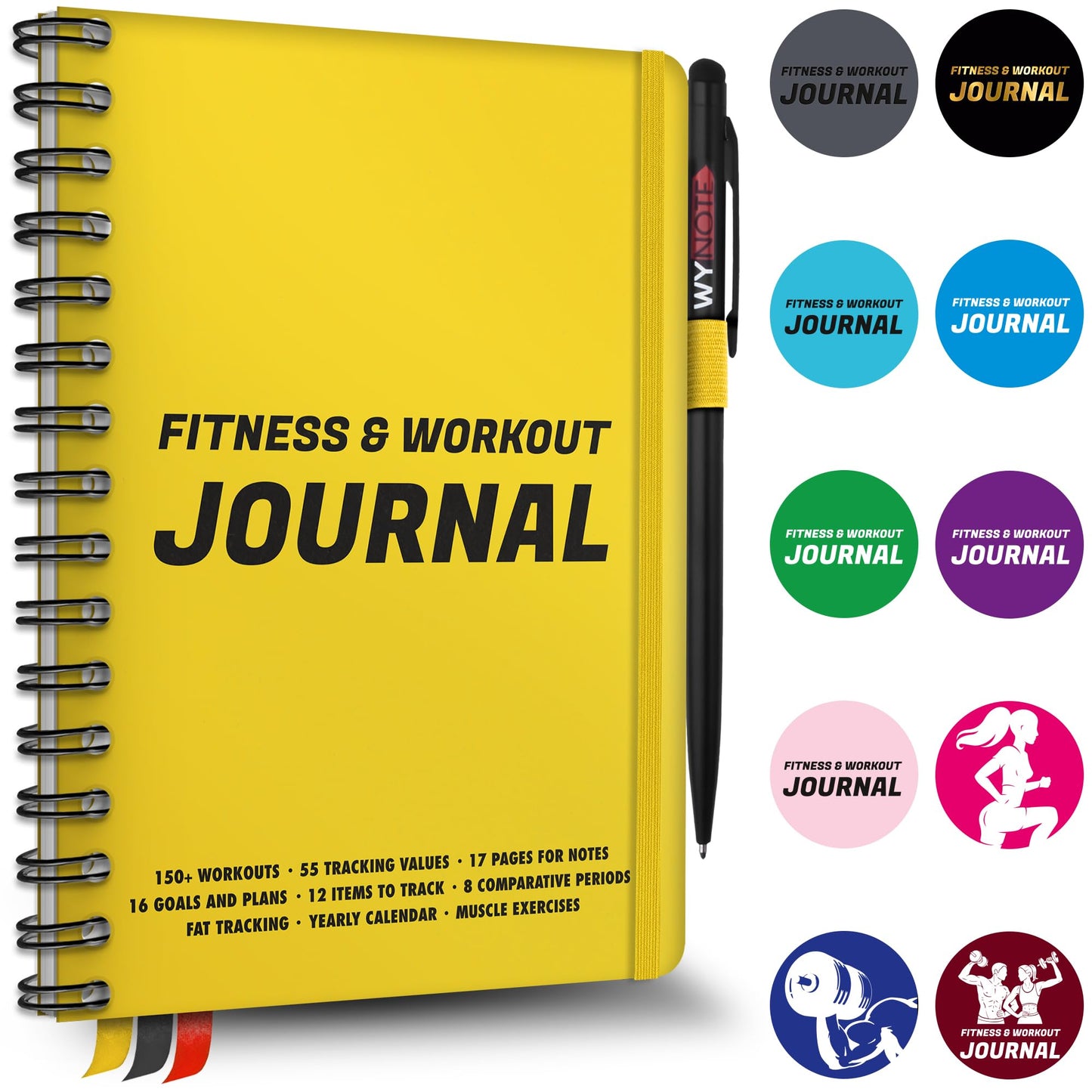 Fitness Journal Amber Yellow on 150+ Workouts + Yearly Calendar + 55 Tracking Values - A5 Workout Journal with Fat tracking - Planner to 12 items to track + 7 comparative periods + Goals