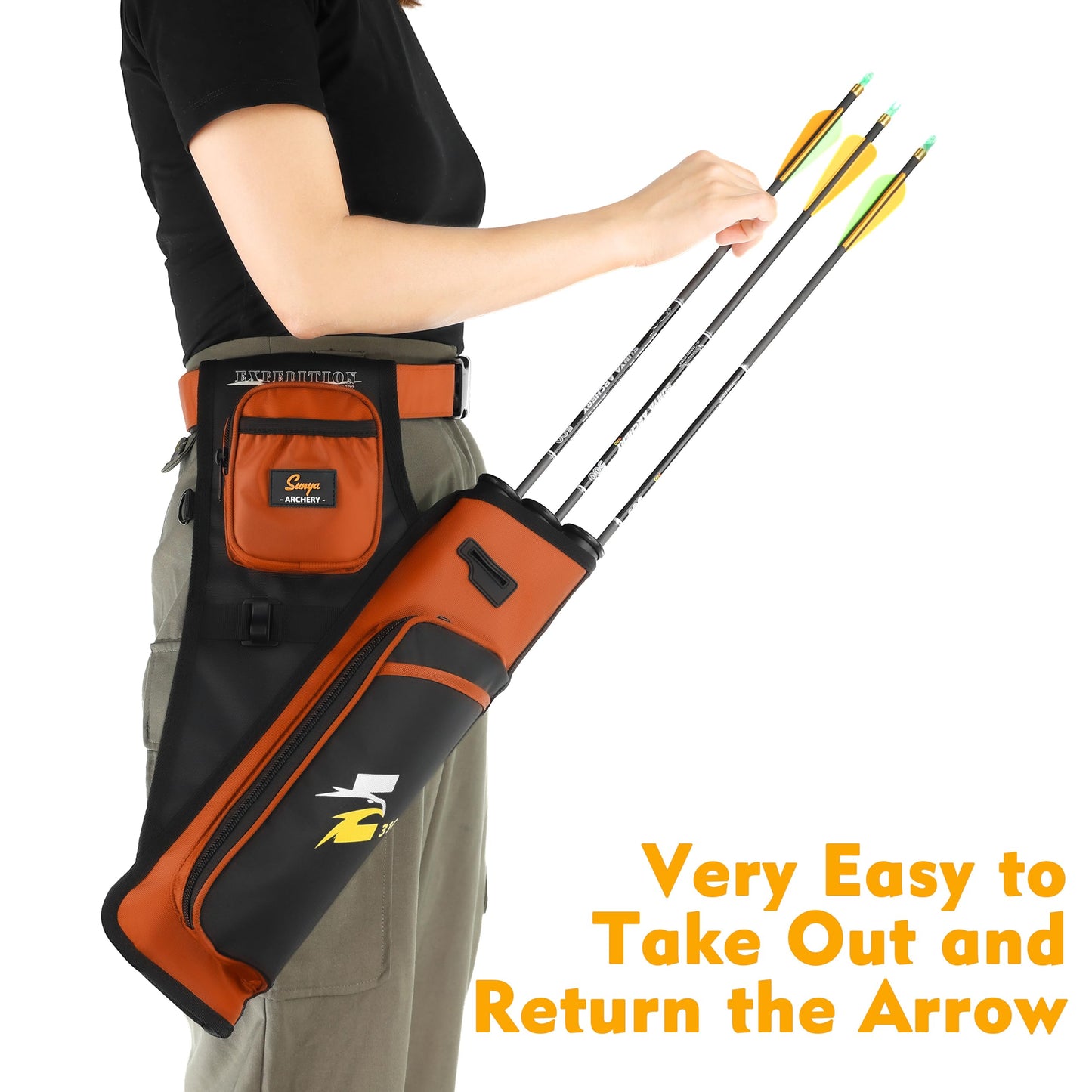 SUNYA Archery Hip Quiver for Arrows. Includes 3 Tubes Arrow Holder, Accessories Pockets and Waist Belt. Fit for Compound and Recurve Bow Practice. (Orange)