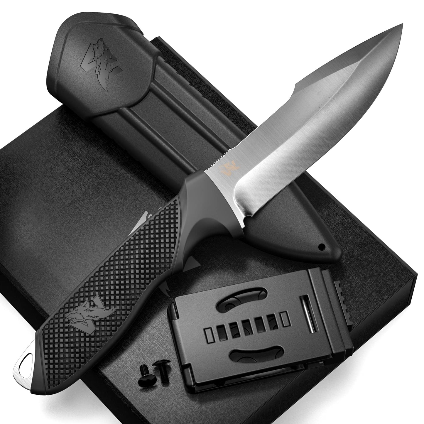 ODENWOLF WOLF-II Full Tang Survival Knife with Sheath and Multi Lok - Strong Tactical Fixed Blade Knife - Made of D2 Steel - Bushcraft and Camping Knife - EDC Outdoor Knife with TPE Handle