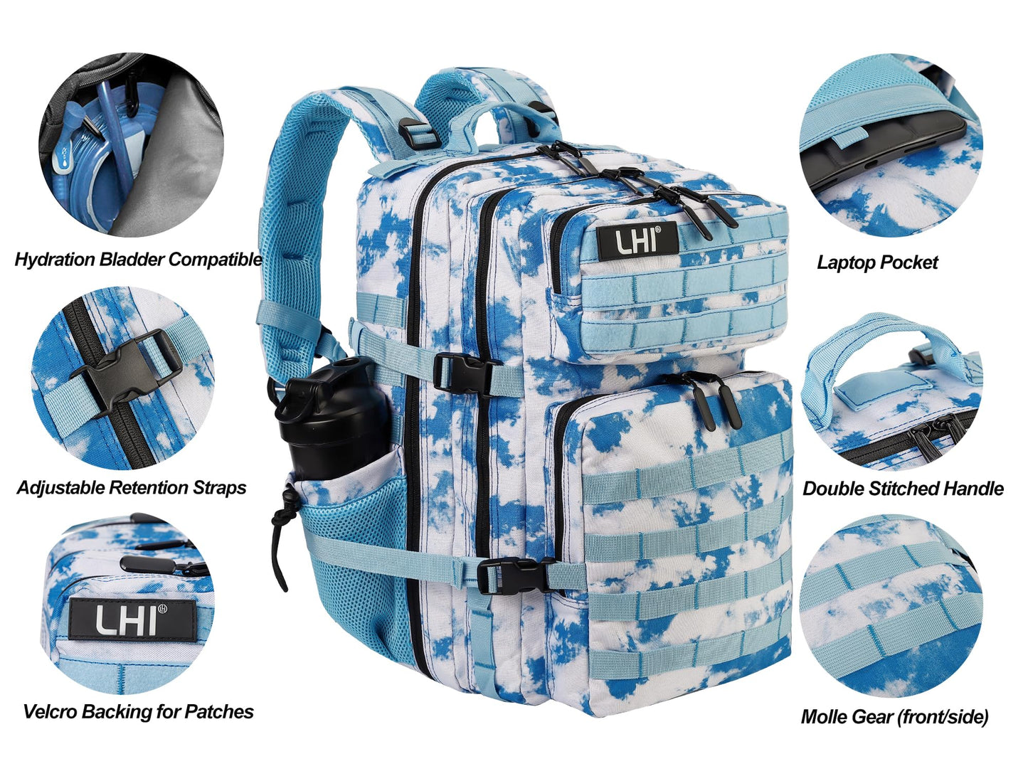 LHI Military Tactical Backpack for Men and Women 45L Army 3 Days Assault Pack Bag Large Rucksack with Molle System - Light blue tie-dye