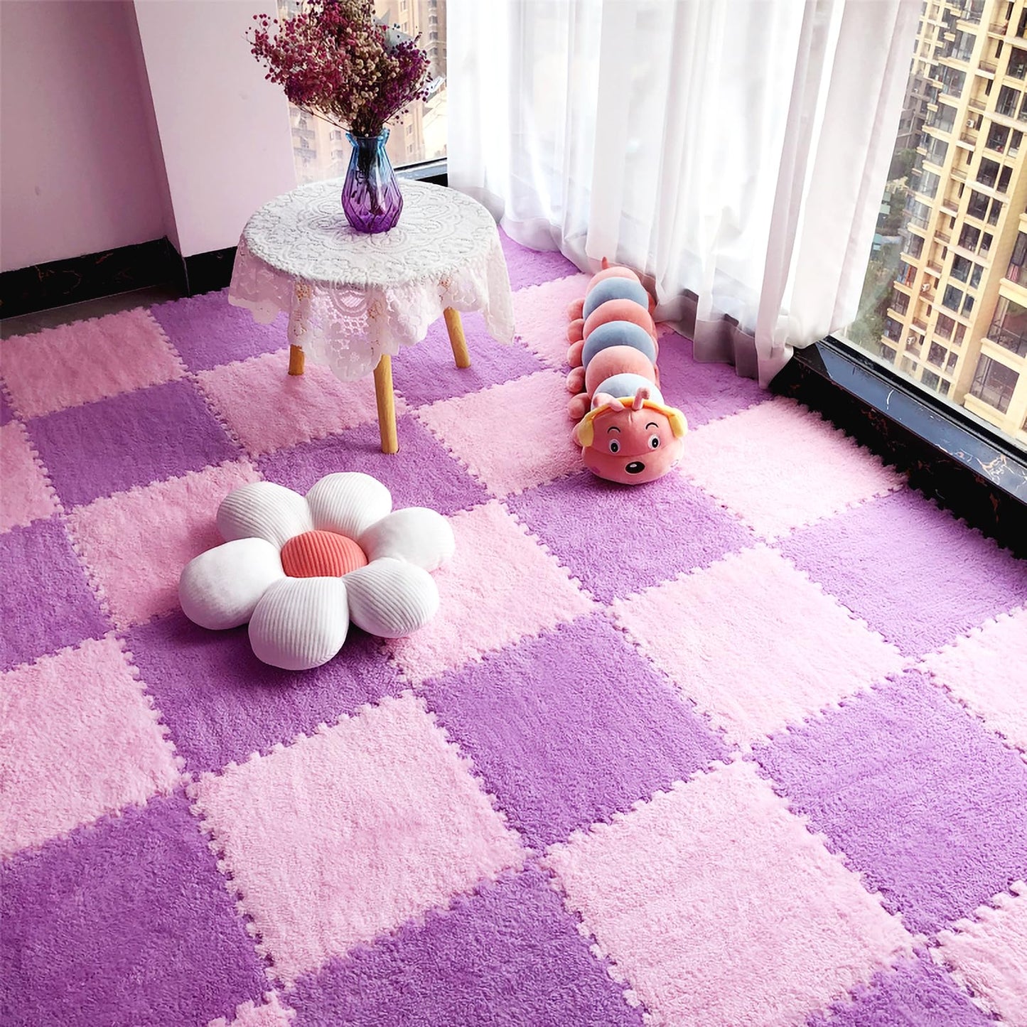 easycustomerlee 12pcs Interlocking Carpet Shaggy Soft EVA Foam Mats Fluffy Rugs Protective Floor Tiles Exercise Play Mats for Children Kids Room Home Parlor Bedroom(Purple)