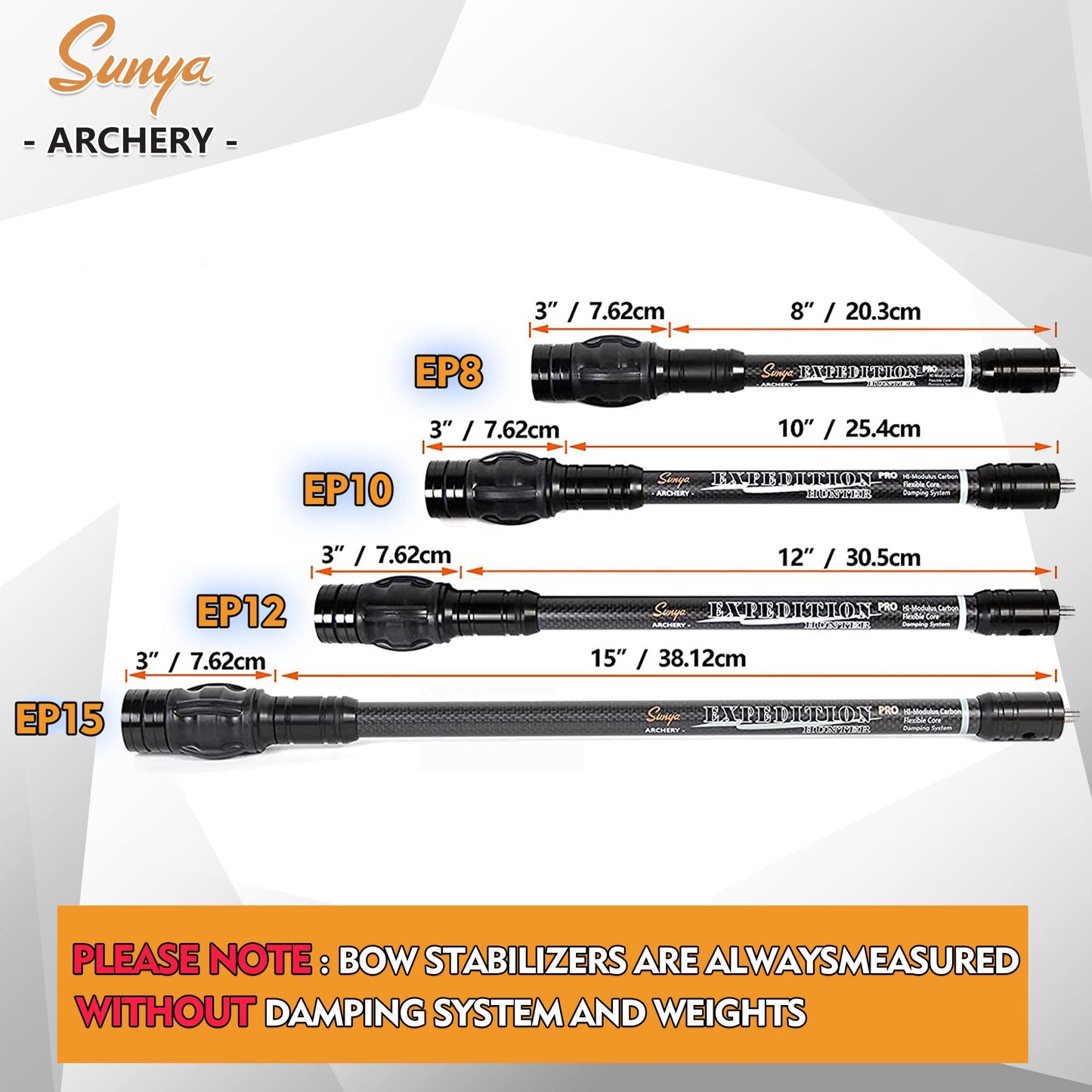 SUNYA Archery 15inch Bow Stabilizer for Compound Bow and Recurve Bow, Carbon Fiber Body, Flexible Core with Damping System and Weights, Expedition Pro Series (Black EP15)