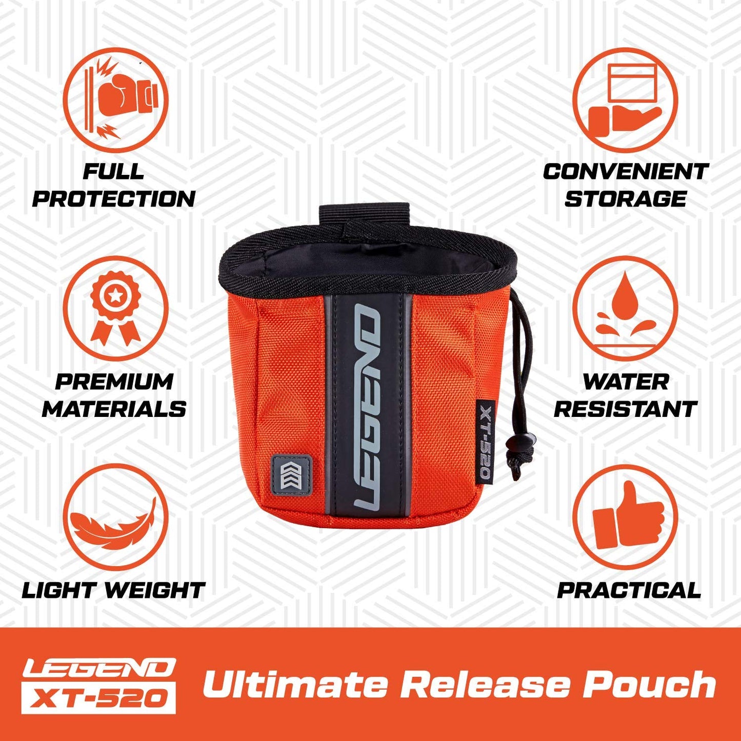 LEGEND - XT520 Quick Release Pouch & Finger Tab Bag (Orange) | Interior Divider for Better Organization & Storage of Release Aids | Attaches to Standard 2" Belt | Quick Drawstring Closure