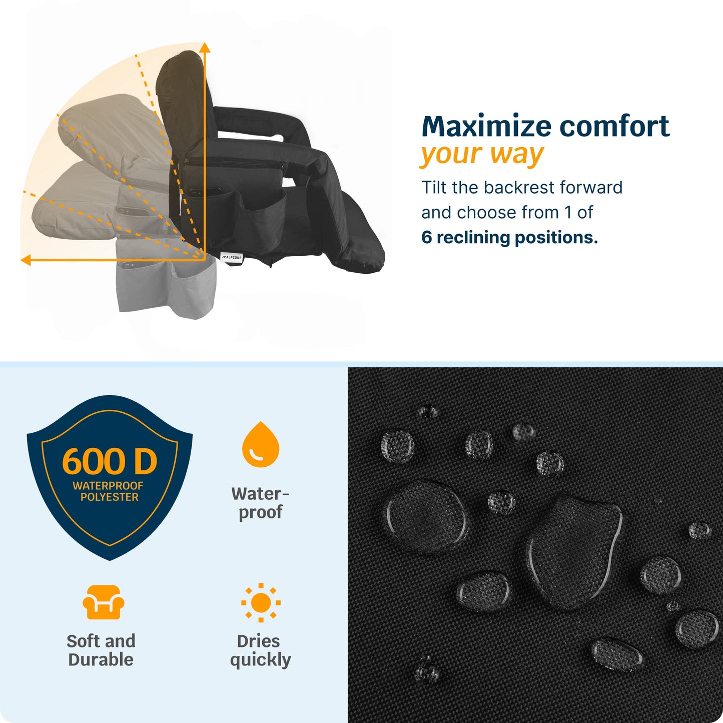 Alpcour Heated Massage Reclining Stadium Seat for Bleachers – Wide Bleacher Chair with Back Support and Cushion, Armrests, Large Pockets, and Multiple Safety Features – Best Stadium Seats Chairs