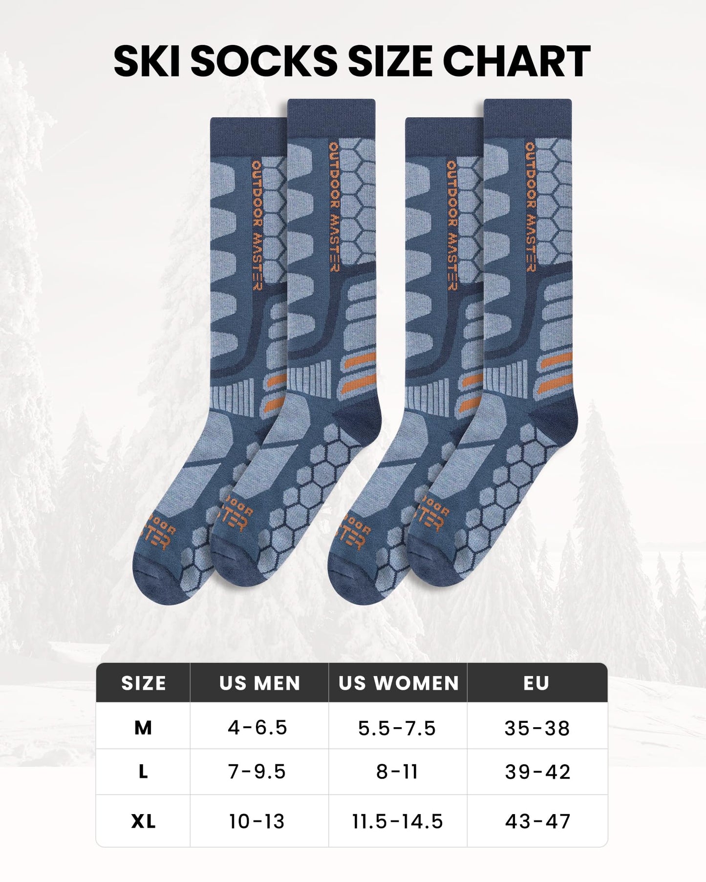 OutdoorMaster Merino Wool Ski Socks, 2-Pack Over The Calf Non-Slip Cuff Winter Compression Thermal Socks for Men & Women