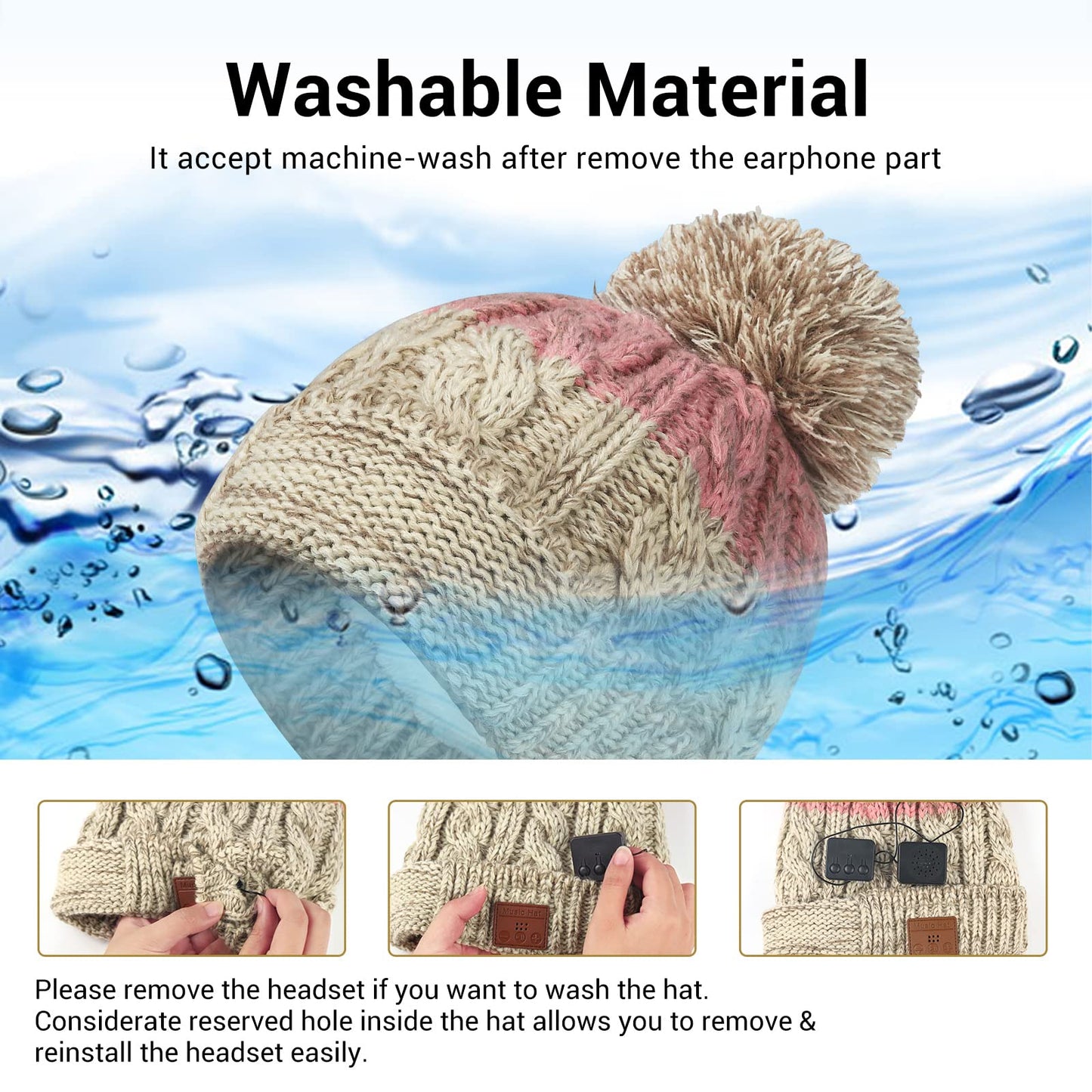 Bluetooth Beanie for Women, Wireless Knit Winter Cap, Built-in Microphone and HD Stereo Speakers, Beanie Hat with Headphones for Outdoor Homes and Gifts (Khaki & Pink)