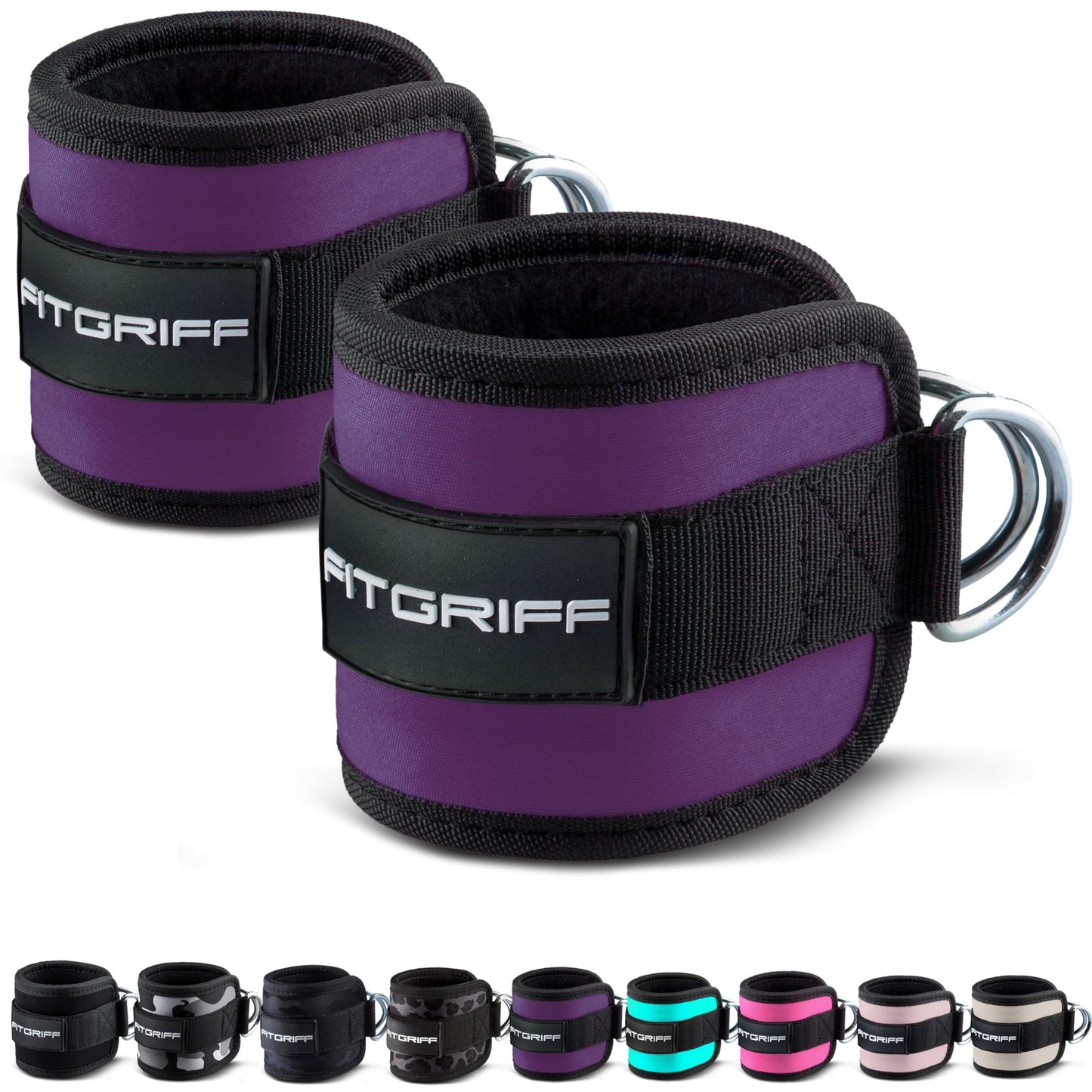 Fitgriff® Ankle Straps V1 for Cable Machine (2 Pieces) - Gym Workout Equipment - Leg Pulley Attachment, Kickback Straps (Purple)