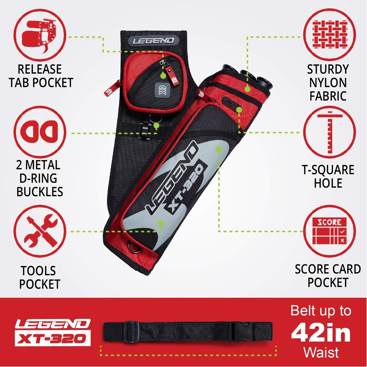 Legend XT320 Archery Quivers - Left Handed Nylon Hip Quivers with 3 Arrow Tube Cases for Target Shooting - Adjustable Waist Belt, T-Slot, Compartments for Accessories, Tools, Release Tab - Red