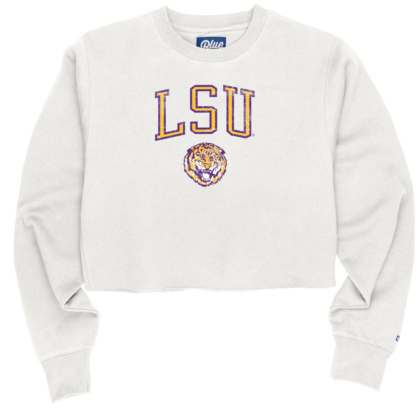 Blue 84 Women's Standard NCAA Officially Licensed Crop Crewneck Sweatshirt Vintage Arch Over White, Medium