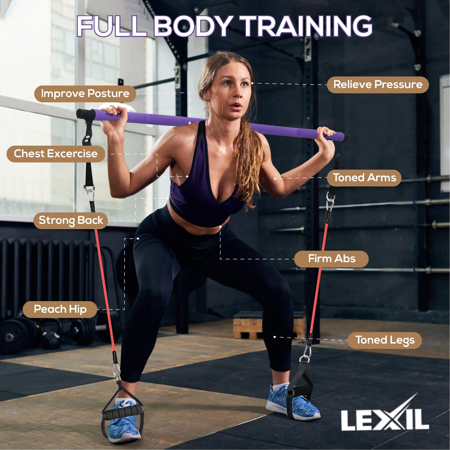 LEXIL Pilates Bar Exercise Kit-Stackable 3 Pairs of Resistance Bands (15, 20, 30LB) - Home Gym Equipment for Men and Women, Workout Kit for Body Toning,with Fitness Video