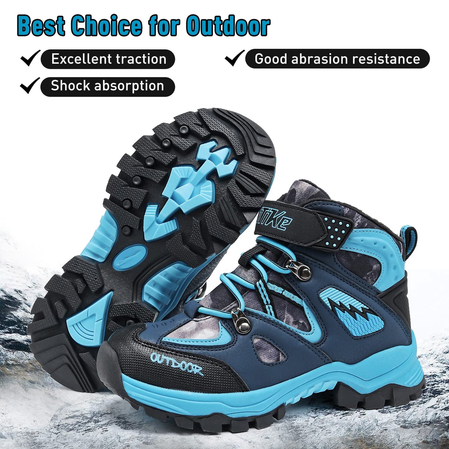 VITUOFLY Boys Hiking Boots Kids Warm Winter Snow Boots Girls Hiking Shoes Outdoor Adventure Trekking Shoes Anti-skid Sneakers Steel Buckle Black Blue Size 1