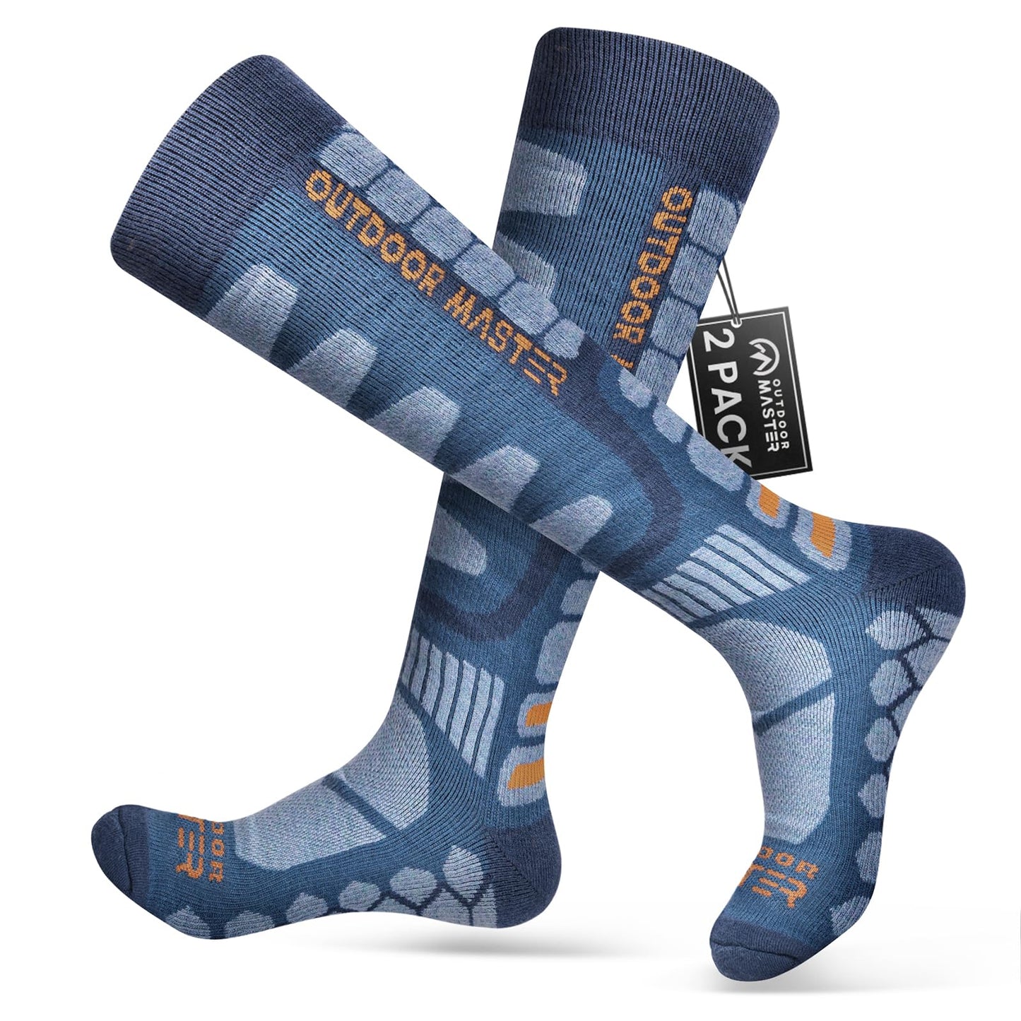 OutdoorMaster Merino Wool Ski Socks, 2-Pack Over The Calf Non-Slip Cuff Winter Compression Thermal Socks for Men & Women