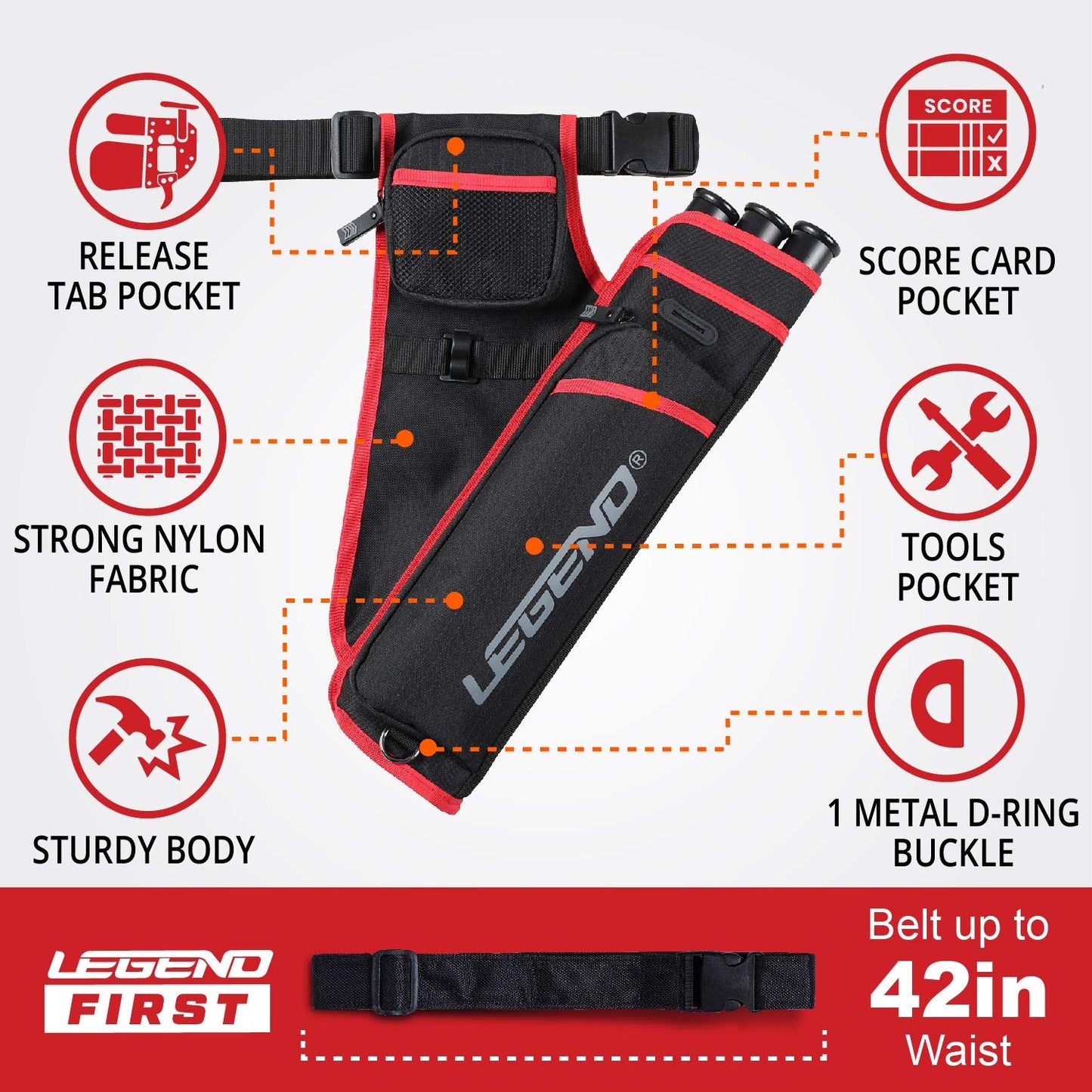 Legend First Archery Quiver Case for Arrows - Right Handed Target Shooting Hip Quivers with Adjustable Belt & 3 Arrow Tubes - Durable T-Slot & Storage Pockets for Accessories & Score Card - Black/Red