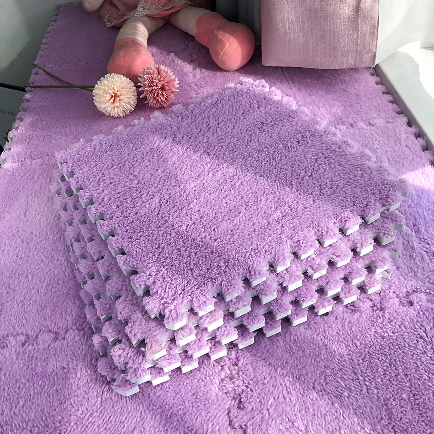 easycustomerlee 12pcs Interlocking Carpet Shaggy Soft EVA Foam Mats Fluffy Rugs Protective Floor Tiles Exercise Play Mats for Children Kids Room Home Parlor Bedroom(Purple)