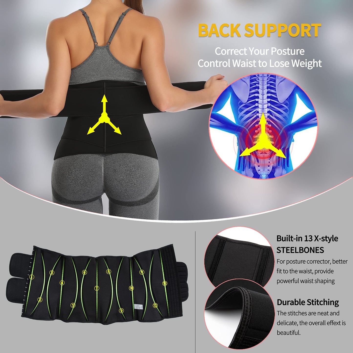 KIWI RATA Neoprene Sauna Waist Trainer Corset Sweat Belt with 2 Straps for Women X-bones Compression Workout Fitness Double Cincher Belts,#3 Hooks Black,X-Small