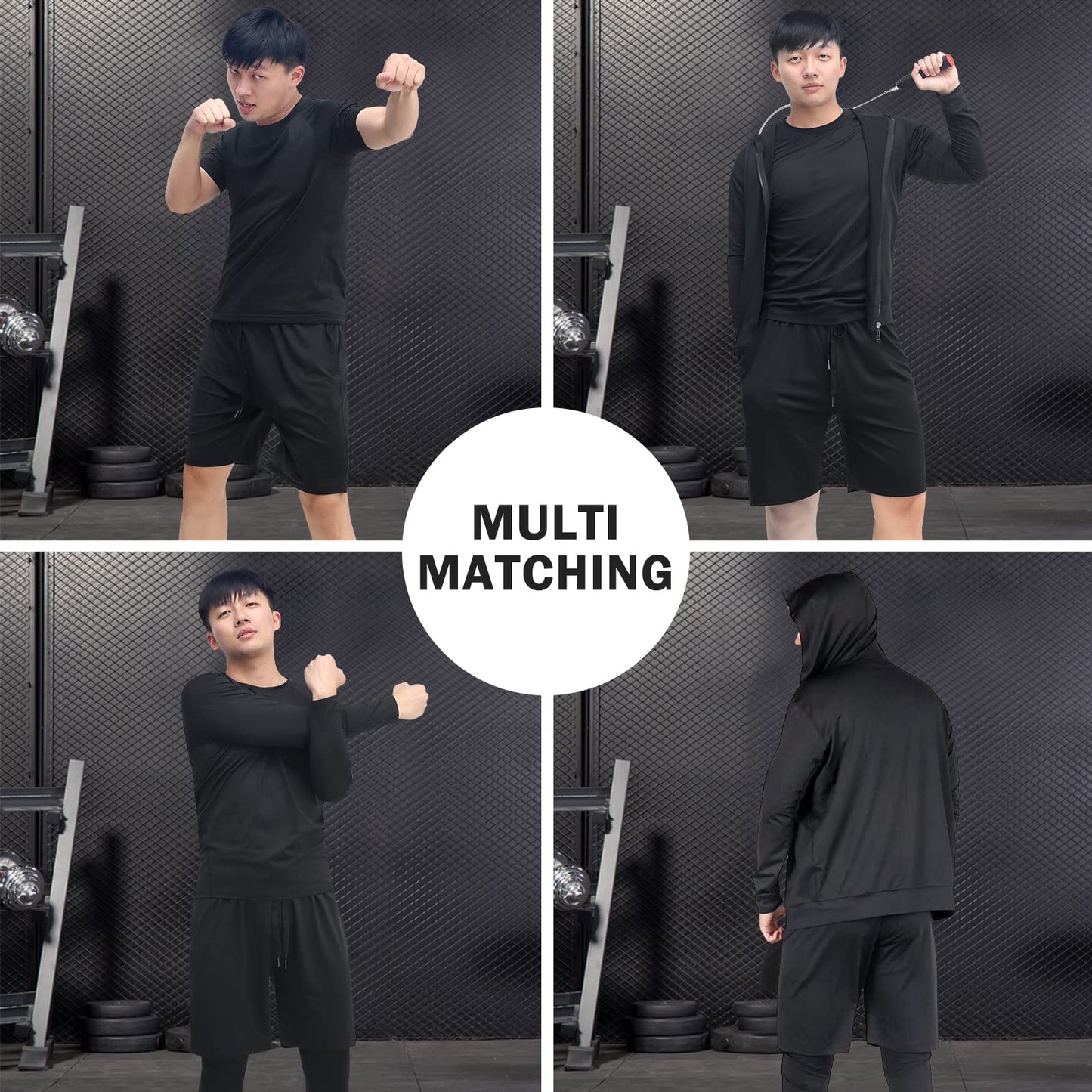 JULY'S SONG Men Compression Workout Set Dry Quick Shirt Pants Shorts Tights Jacket 5 Pieces Clothes for Gym Athletic Running Gear Black