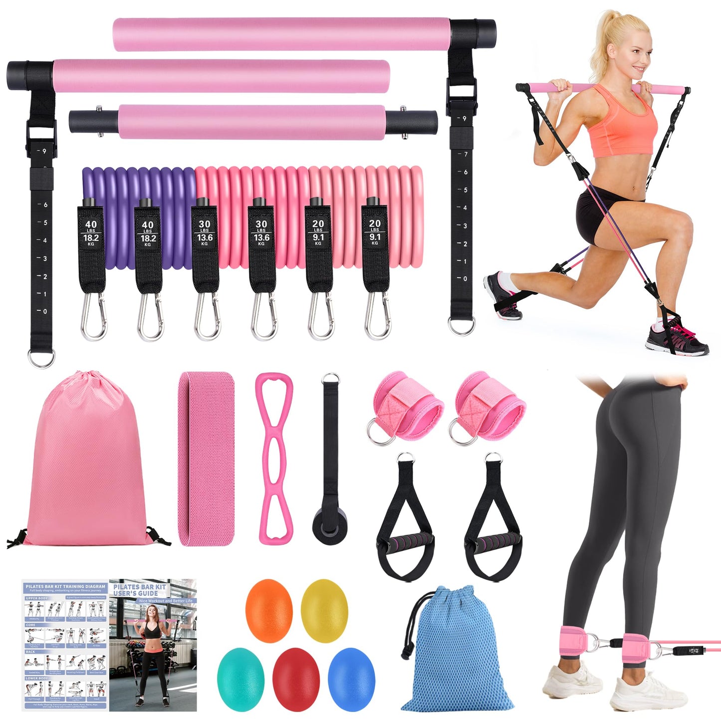 Pilates Bar Kit with Resistance Bands, Multifunctional Stretched Fusion Pilates Bar Kit for Women, Men, Pilates Sculpt Bar with Adjustable Buckle for Full Body Workouts, Squat Equipment