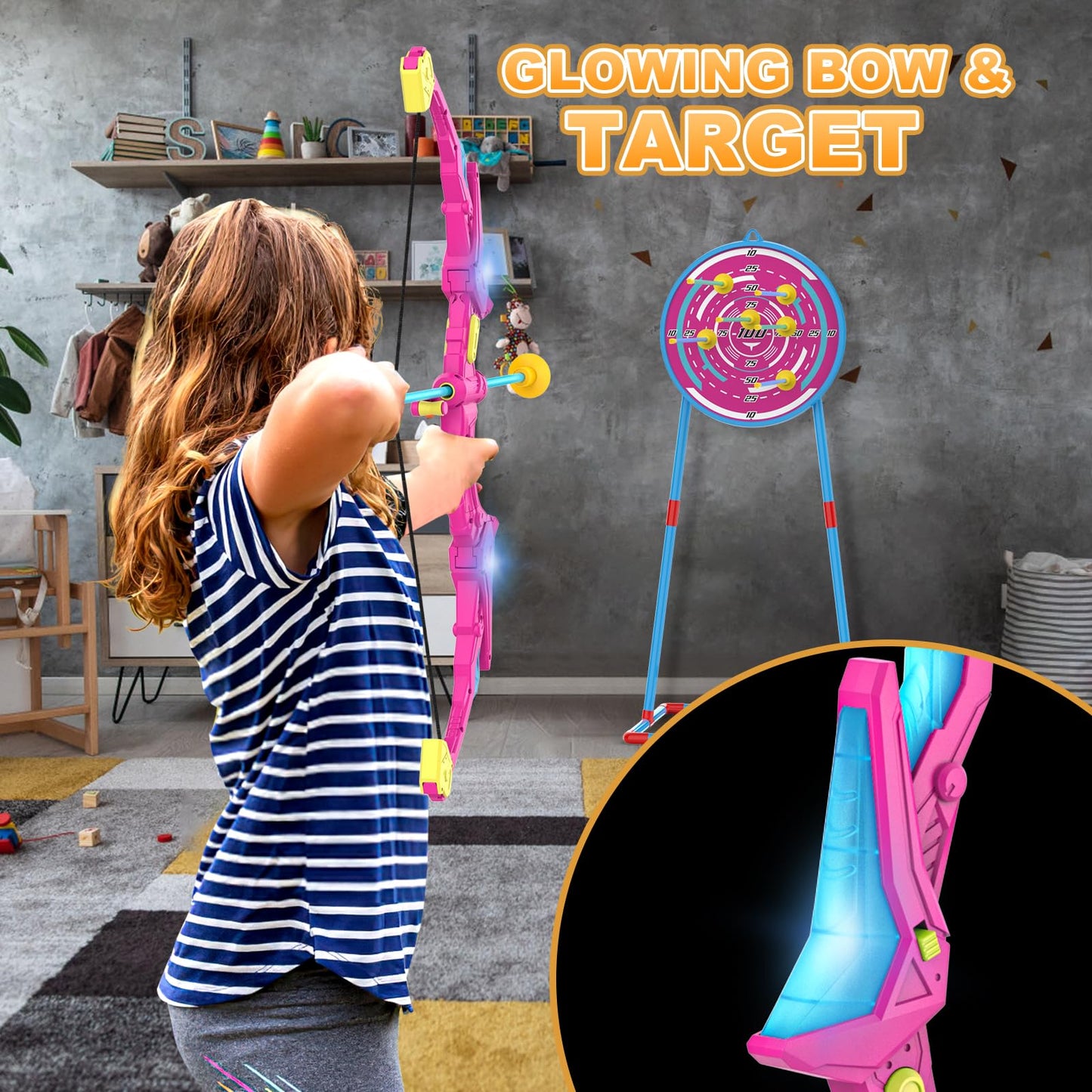 Kmuxilal 2 Pack Kids Bow and Arrow Set with LED Flash Lights, 14 Suction Cup Arrows and Standing Target-Perfect Indoor and Outdoor Archery Set Toy Gift for Boys and Girls Ages 4-12