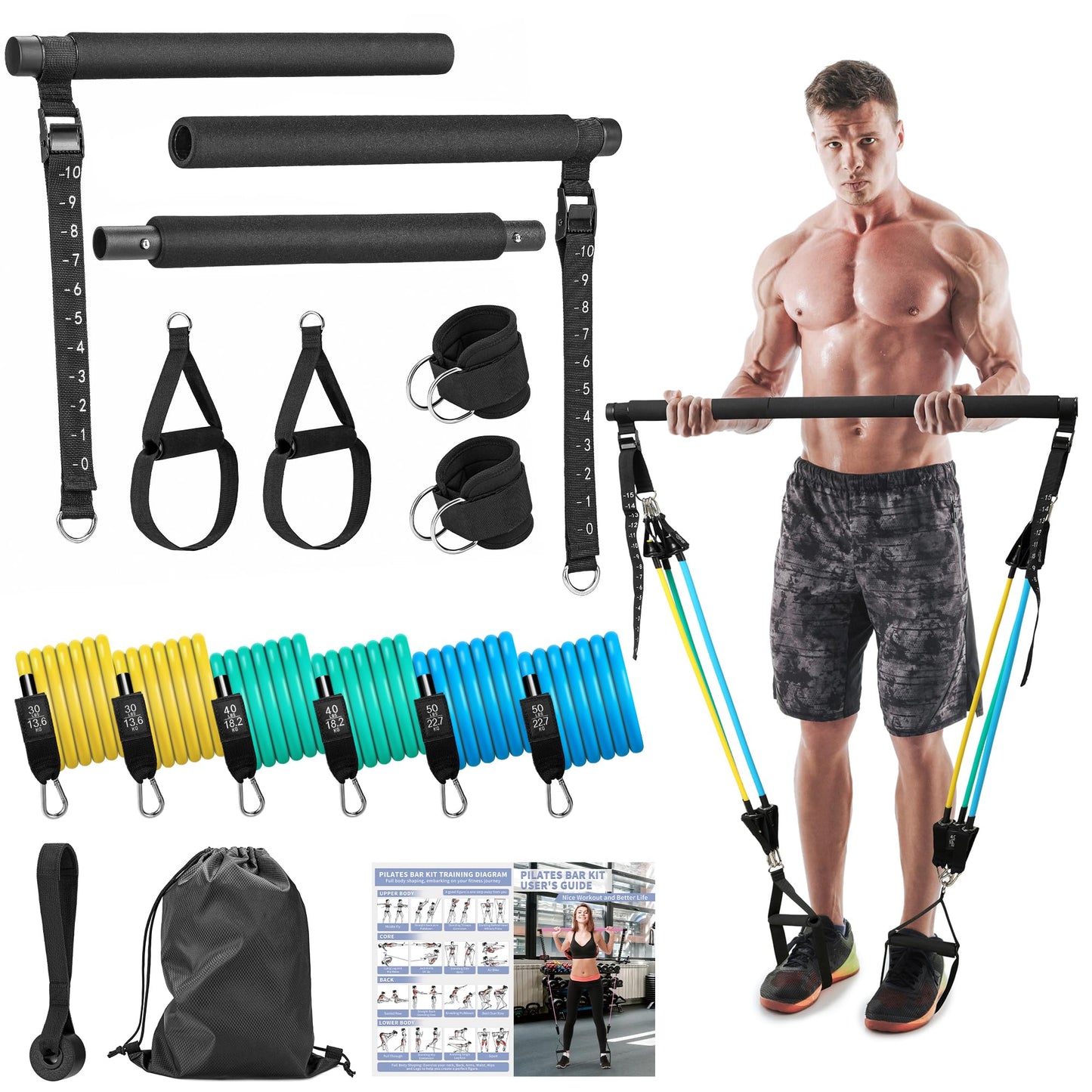 Pilates Bar Kit with Resistance Bands, Multifunctional Stretched Fusion Pilates Bar Kit for Women, Men, Pilates Sculpt Bar with Adjustable Buckle for Full Body Workouts, Squat Equipment