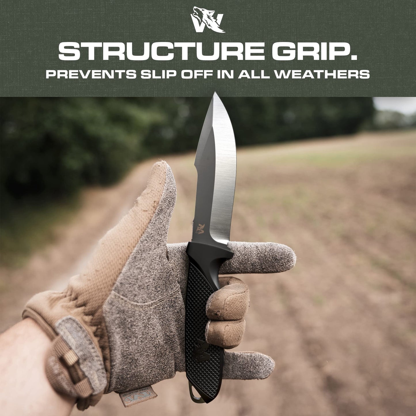 ODENWOLF WOLF-II Full Tang Survival Knife with Sheath and Multi Lok - Strong Tactical Fixed Blade Knife - Made of D2 Steel - Bushcraft and Camping Knife - EDC Outdoor Knife with TPE Handle