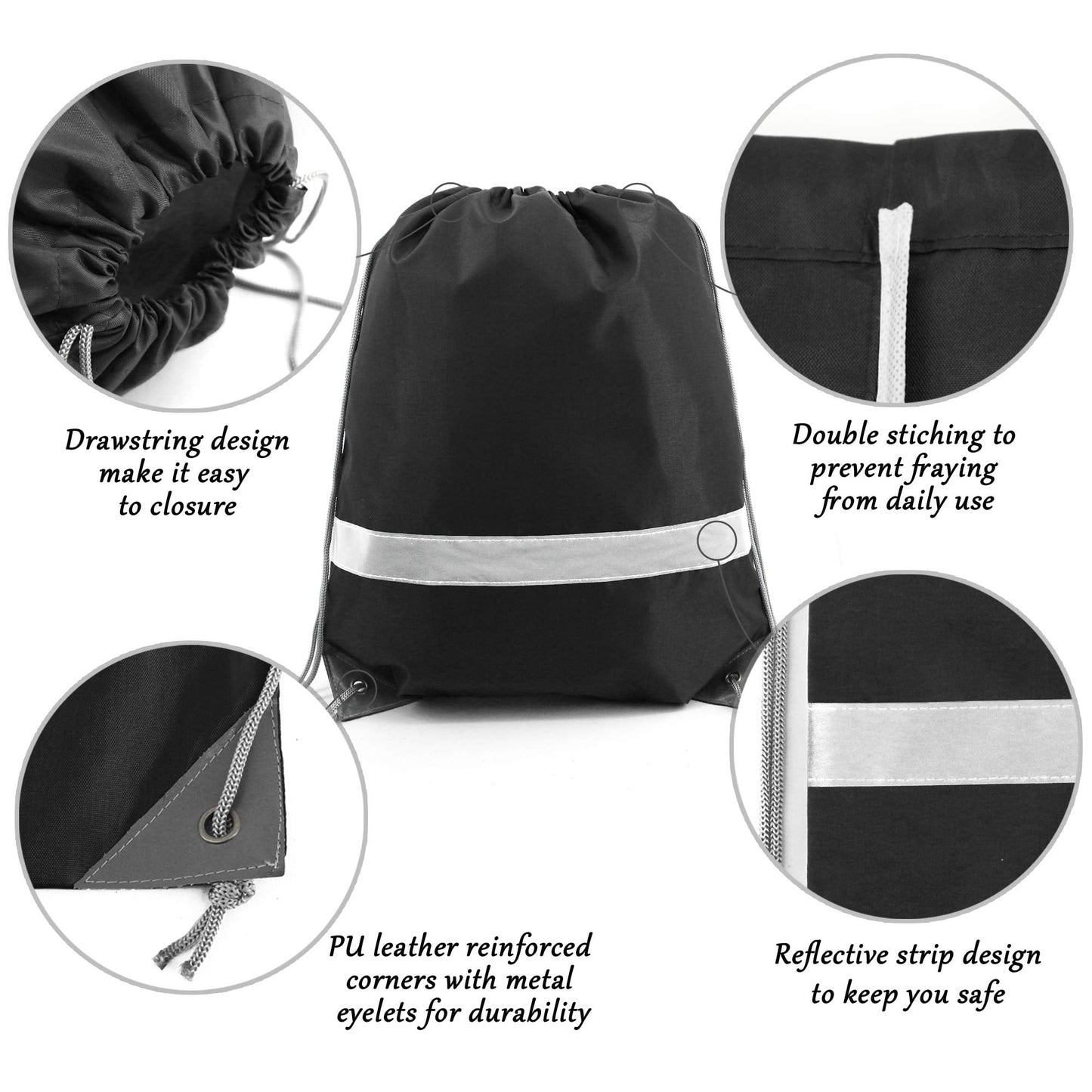 BeeGreen Black Drawstring Backpack Bulk 25 Pieces Wholesale, String Backpack for Party Gym Sport Trip, Reflective Strips Cinch Sack with String, DIY Drawstring Bags for Women and Men