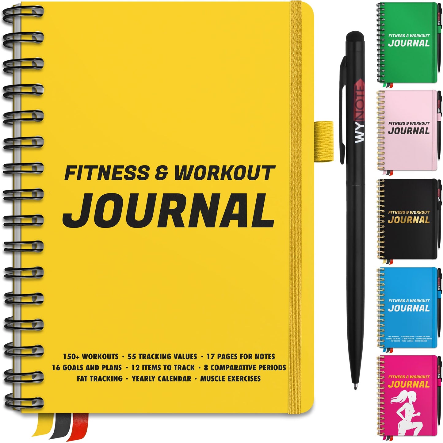 Fitness Journal Amber Yellow on 150+ Workouts + Yearly Calendar + 55 Tracking Values - A5 Workout Journal with Fat tracking - Planner to 12 items to track + 7 comparative periods + Goals