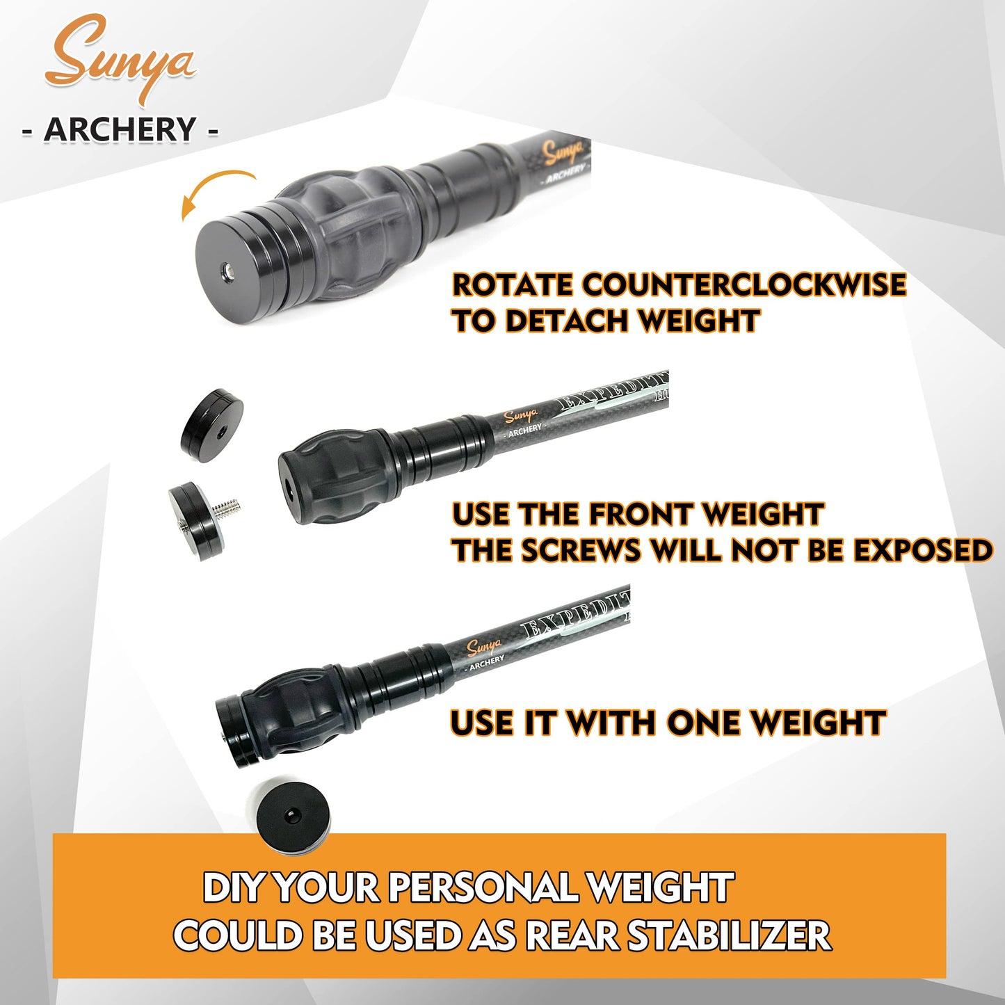 SUNYA Archery 15inch Bow Stabilizer for Compound Bow and Recurve Bow, Carbon Fiber Body, Flexible Core with Damping System and Weights, Expedition Pro Series (Black EP15)
