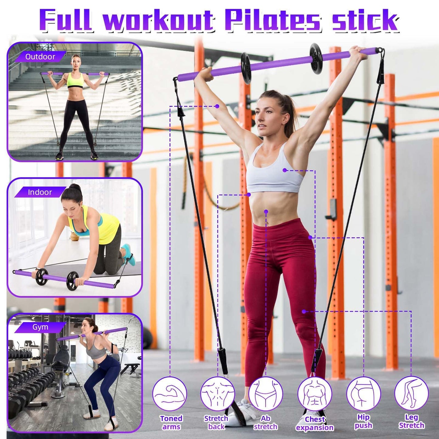 Portable Pilates Bar, Pilates Resistance Band Bar with Ab Roller, 3-Section Multifunctional Pilates for Stretched Exercise, Home Gym Yoga Stick for Full Body Workout Training Women & Men (Purple)