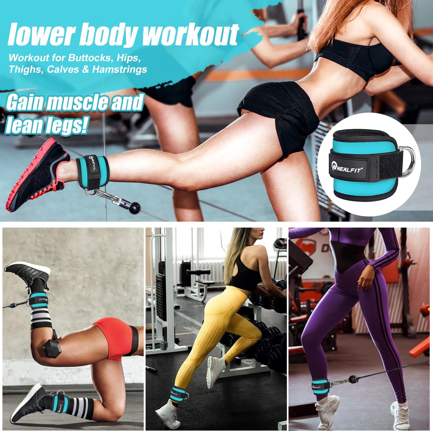 NEALFIT Ankle Strap for Cable Machine, Gym Ankle Cuff for Kickbacks, Leg Extensions, Glute Workouts, Booty Hip Abductors Exercise for Women and Men (Pair, Blue)