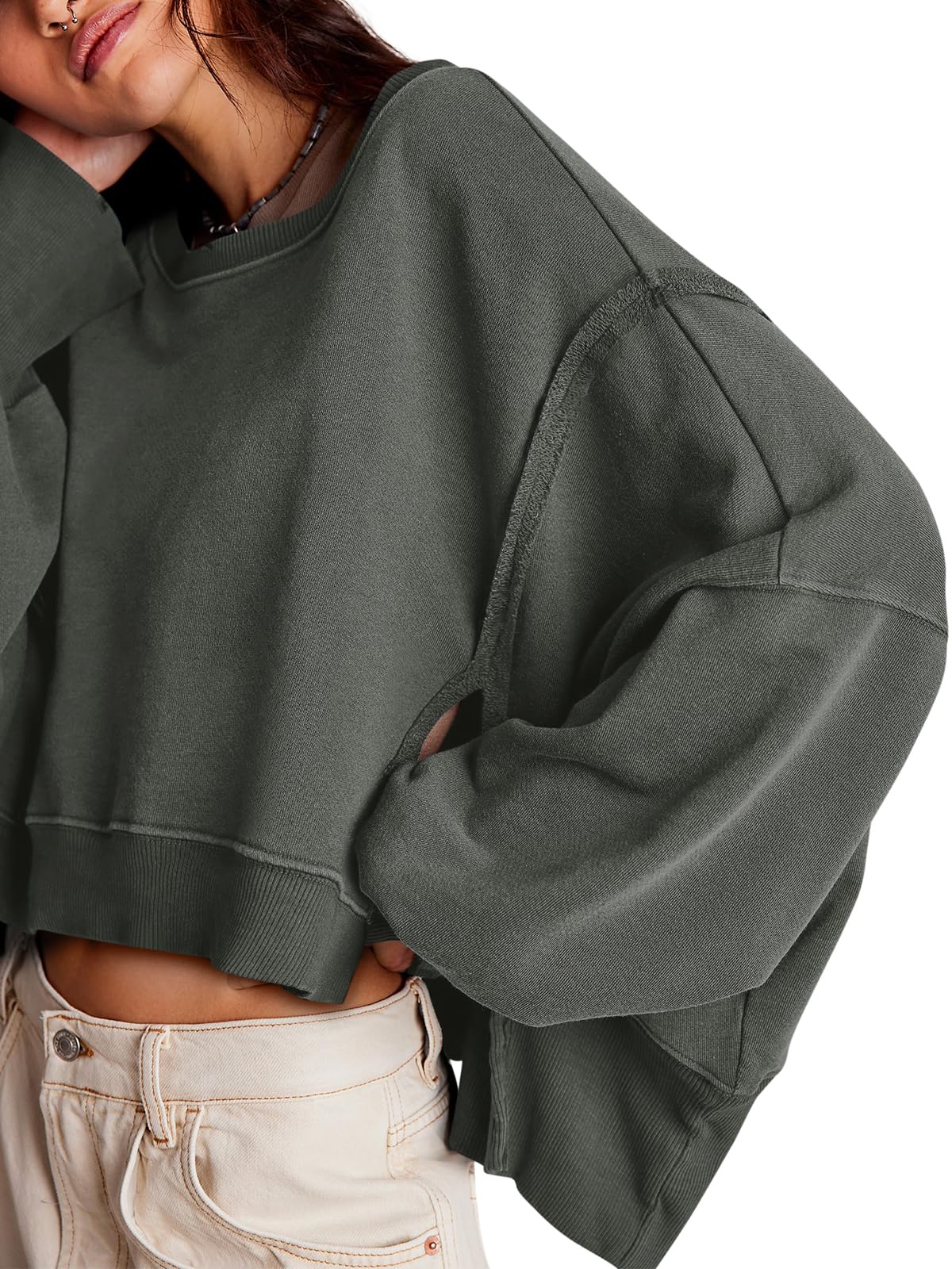 Zwurew Womens Pullover Tops Crewneck Long Sleeve Split Sweatshirt Winter Fashion 2024 Trendy Grey M