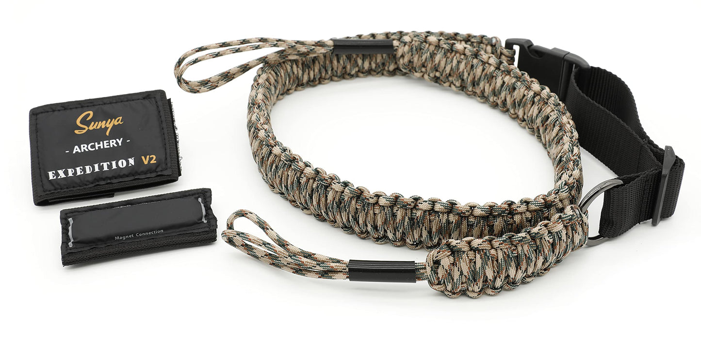 Sunya Paracord Compound Bow Sling with V2 Upgraded Magnetic Connection System. Lightweight Hands Free Shoulder Carrying Sling for Bow Hunting, Field Archery and 3D (Marsh Camo)