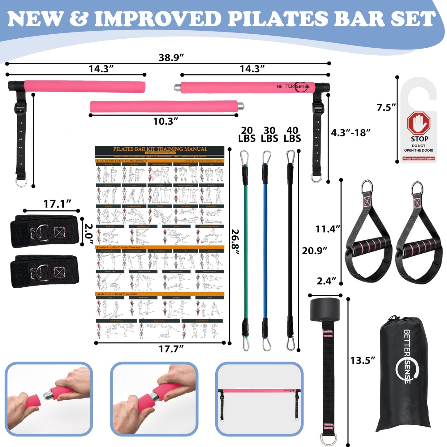 Upgraded Pilates Bar Kit –39” Adjustable Exercise Equipment for Men, Women with 6X 20, 30, 40 lbs Resistance Bands with Adjustment Buckle – Pilates Equipment for Home Workouts for All Fitness Levels