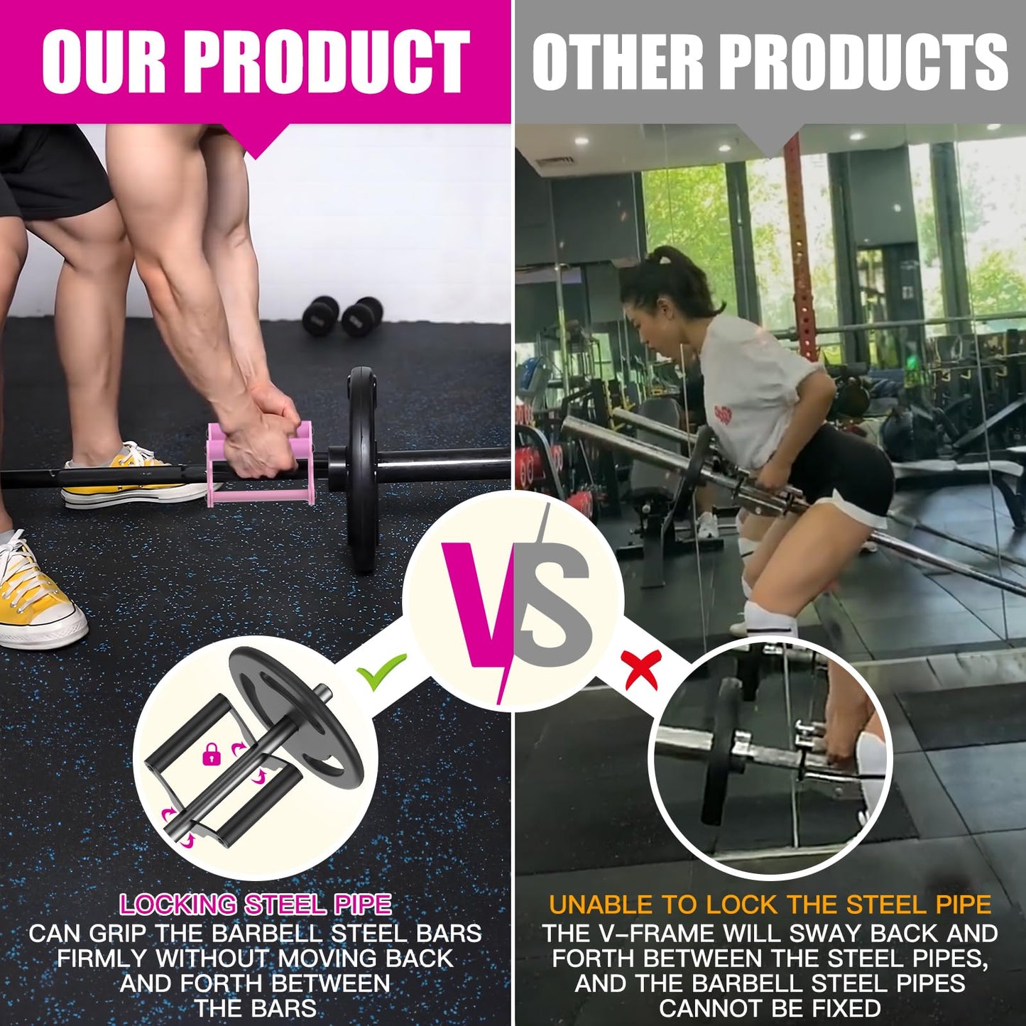 Lewufe V Bar Row Landmine Handle Attachment for Barbell Bars, Solid Double D Handle, T-Bar Row Handle Attachments with Non-Slip Rubber Grip, Fits Olympic Bar Strength Training Bar, Pink