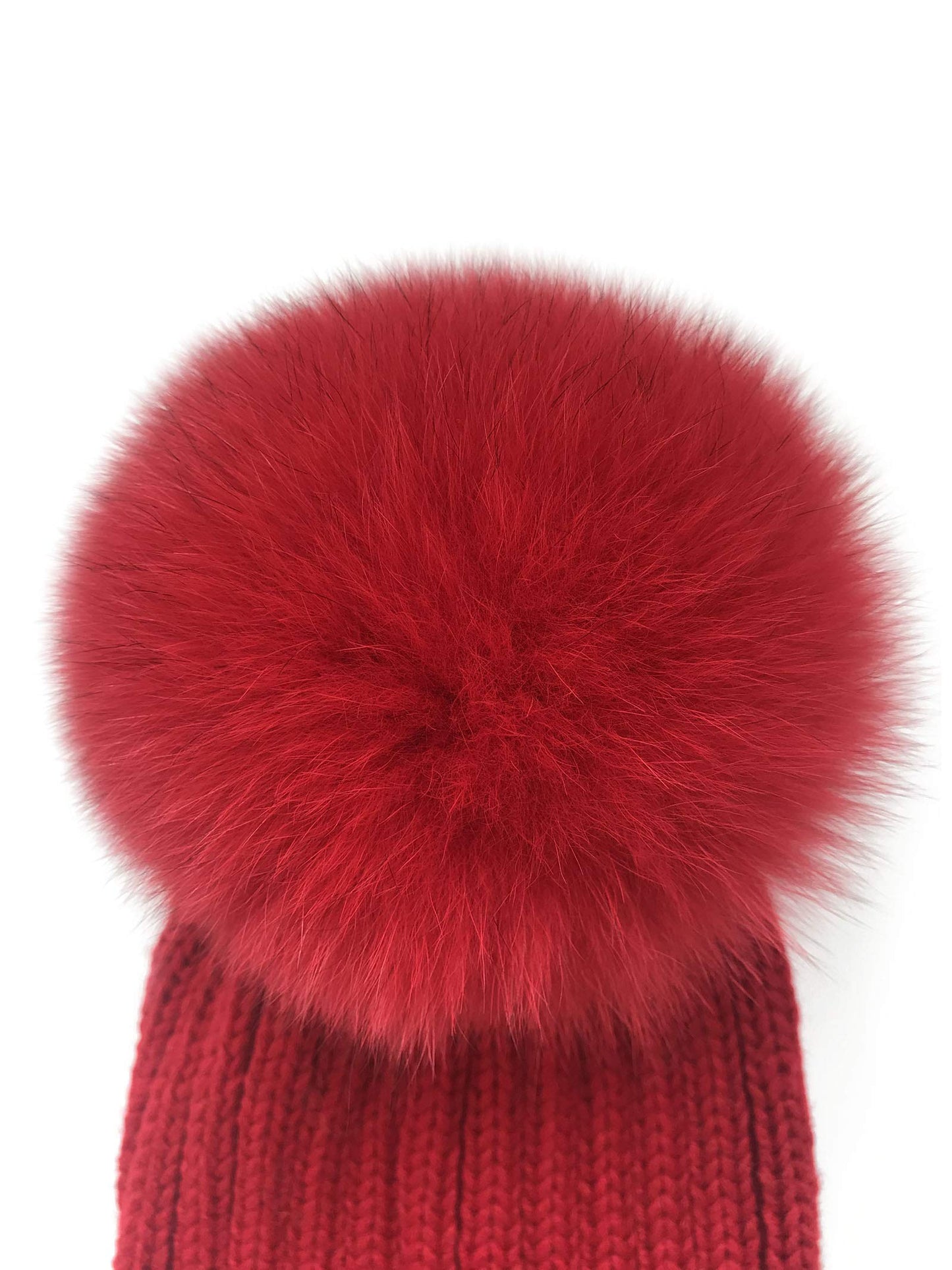 Winter Knit Beanie Hat with Real Fox Fur Pom Pom Chunky Snow Cap for Women Girls (Red & White)