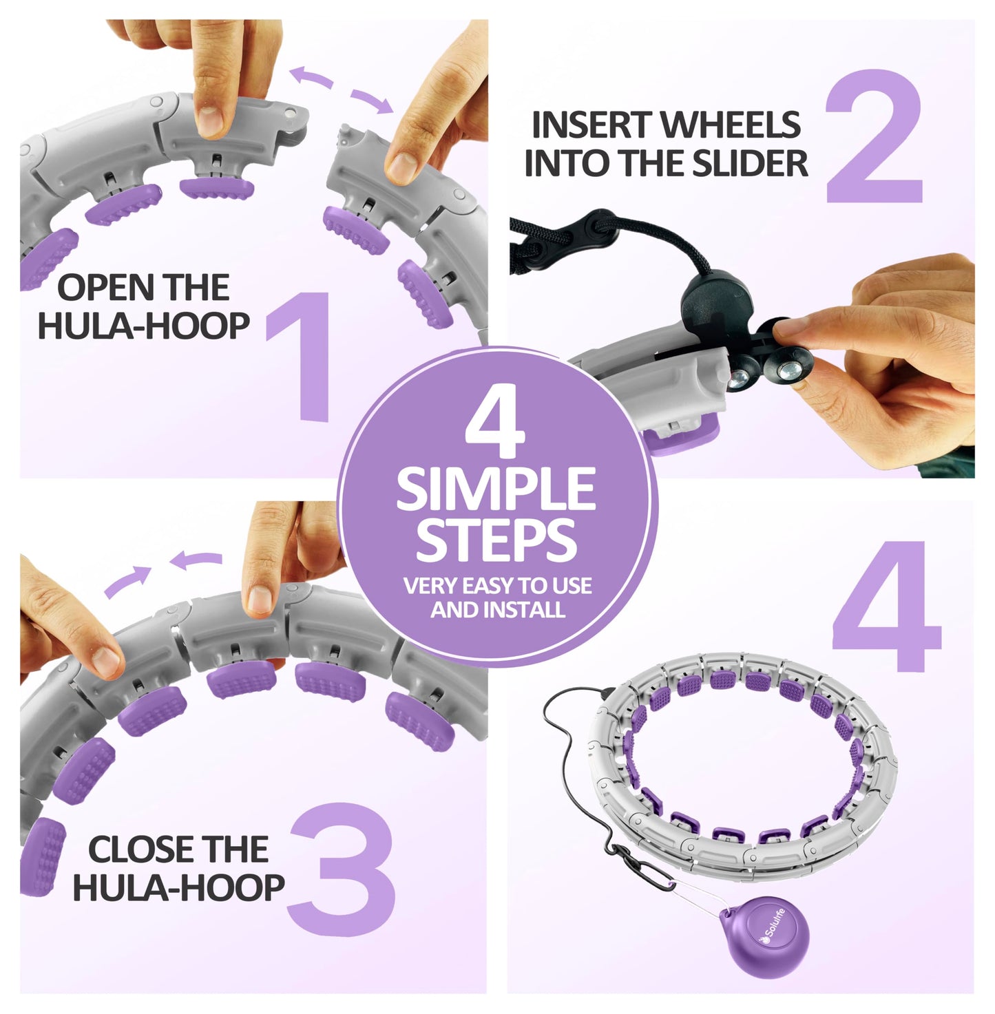 Solulife Hula Hoop Adult Slimming and Massage, 24-Piece Hula Hoop for Slimming Trains HIPS, Legs, Buttocks, hoopie That Never Falls Down, Hula Hoop with Ball incl. Bag (Lila)