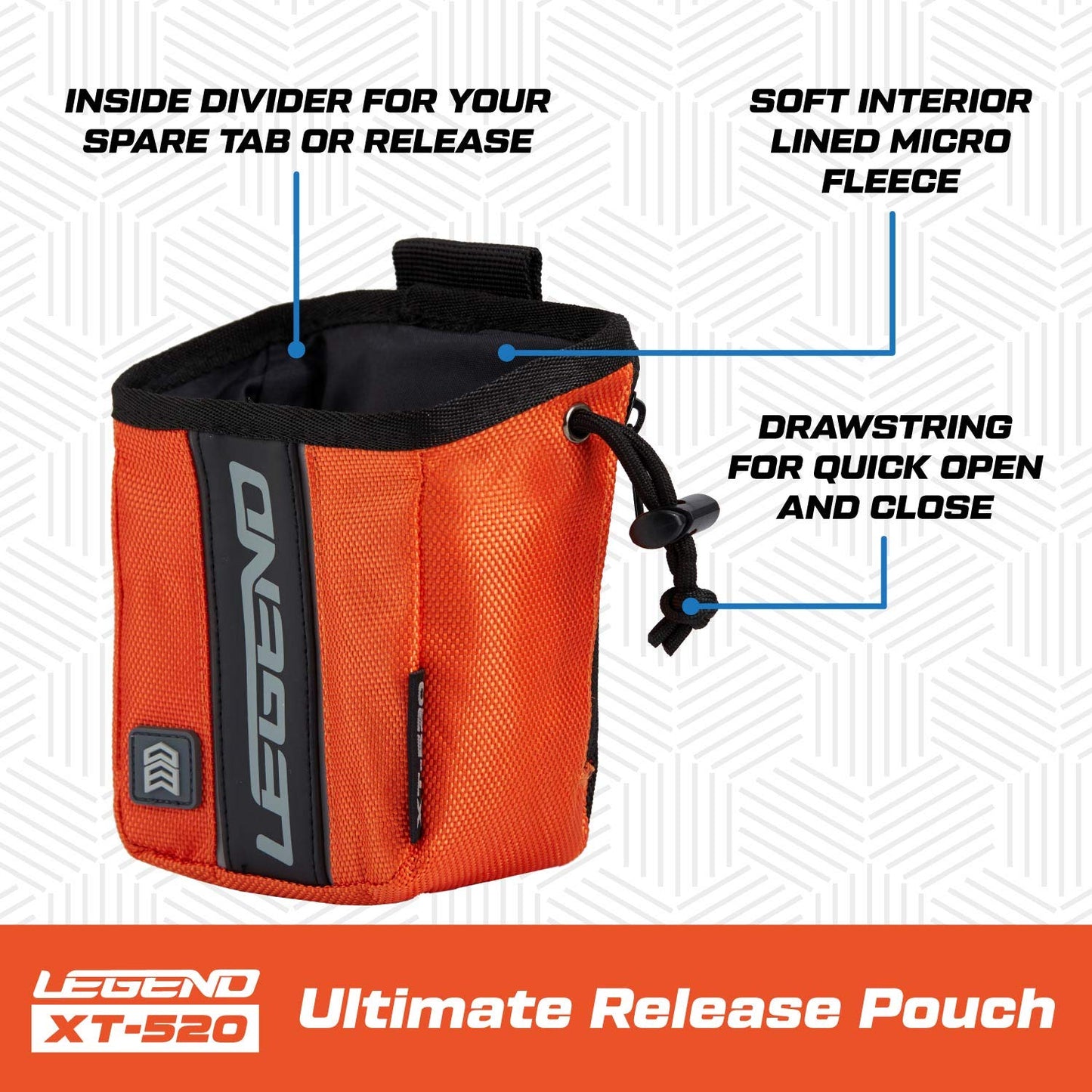 LEGEND - XT520 Quick Release Pouch & Finger Tab Bag (Orange) | Interior Divider for Better Organization & Storage of Release Aids | Attaches to Standard 2" Belt | Quick Drawstring Closure