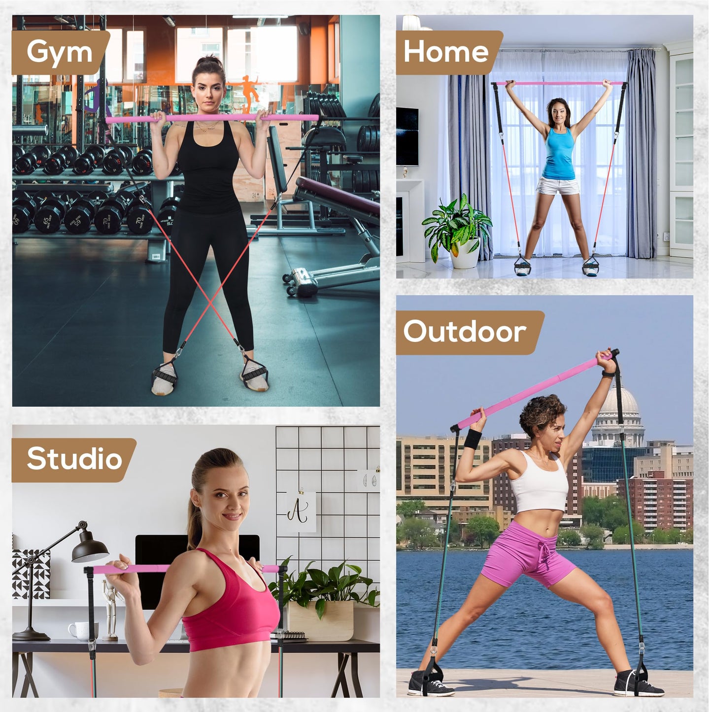 LEXIL Pilates Bar Exercise Kit-Stackable 3 Pairs of Resistance Bands (15, 20, 30LB) - Home Gym Equipment for Men and Women, Workout Kit for Body Toning,with Fitness Videoļ¼Pinkļ¼