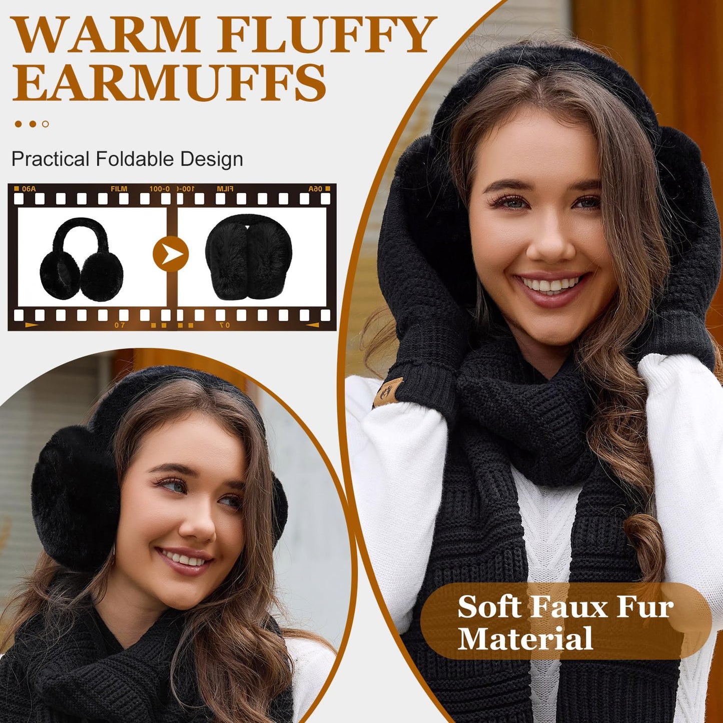 Jyanl Womens Winter Beanie Hat Scarf Gloves Set Fleece Hat Long Scarf Neck Warmer Ear muffs Fuzzy Socks 5 in 1 Knit Sets