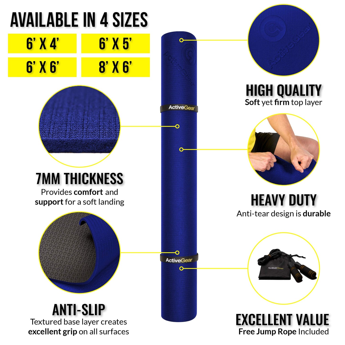 Large Exercise Mat 8' x 6' x 7mm | Ultra-Durable Non-Slip Rubber Workout Mat for Home Gym Flooring | Ideal for Cardio, Fitness, Plyo, MMA and Yoga | Jump Rope and Storage Bag Included - Blue