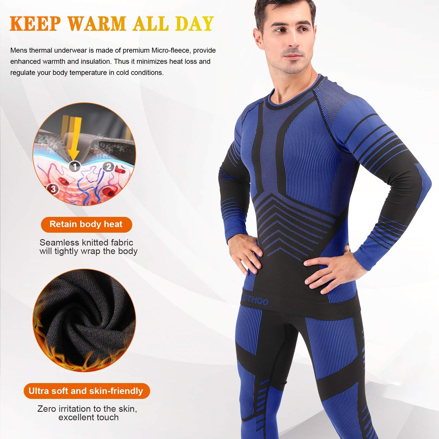 MeetHoo Men's Thermal Underwear Set Seamless Compression Base Layer Winter Cold Gear Sports Long Johns Bottoms for Ski Running Blue