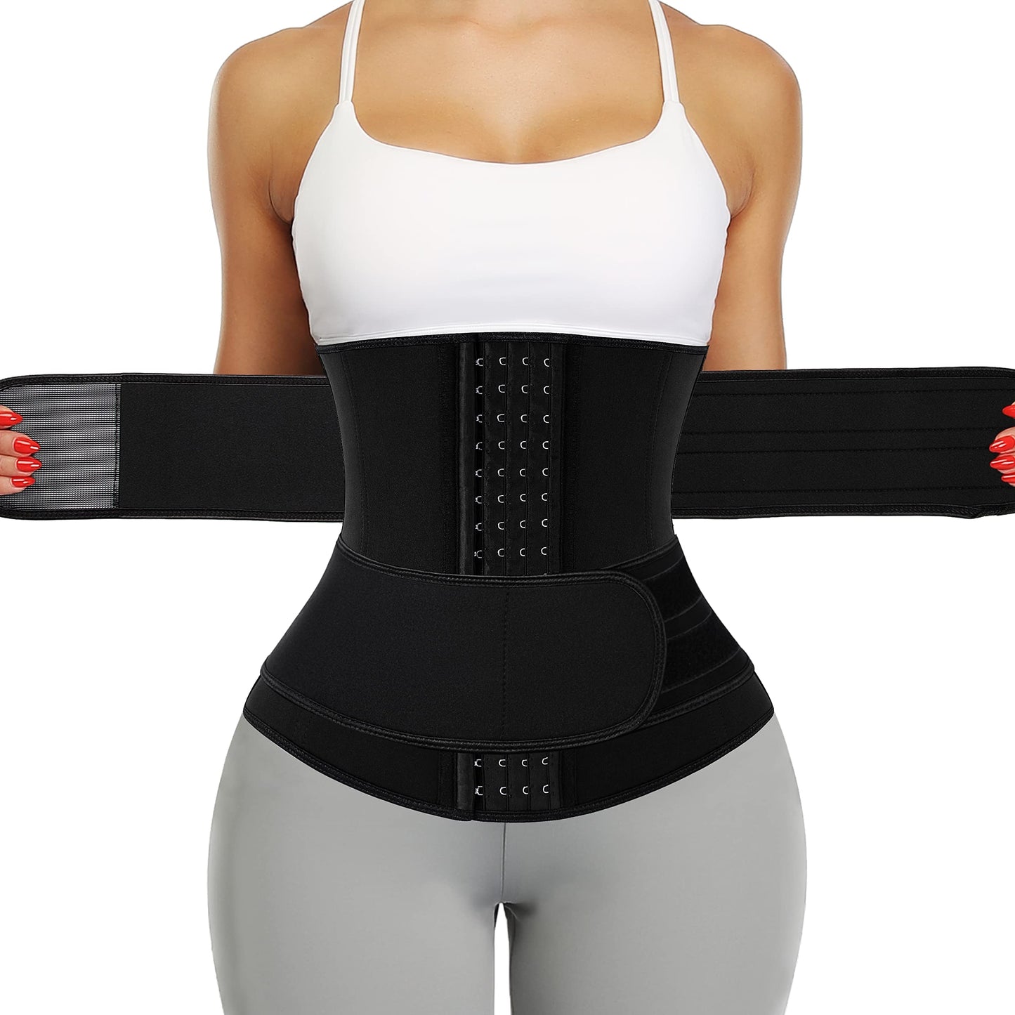 KIWI RATA Neoprene Sauna Waist Trainer Corset Sweat Belt with 2 Straps for Women Plus Size Compression Gym Workout Trimmer,#2 Hooks Black,X-Small