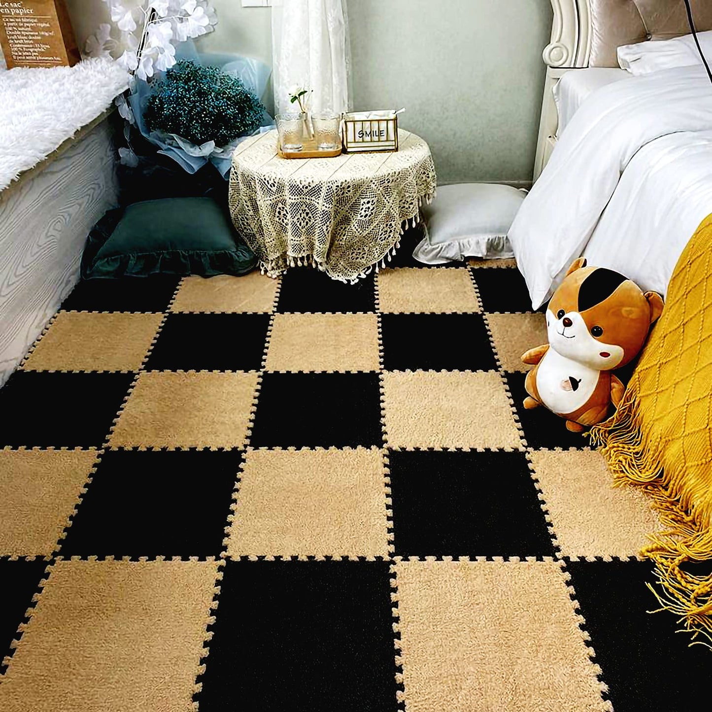 easycustomerlee 12pcs Interlocking Carpet Shaggy Soft EVA Foam Mats Fluffy Rugs Protective Floor Tiles Play Mats for Children Kids Room Home Parlor Bedroom(Black)