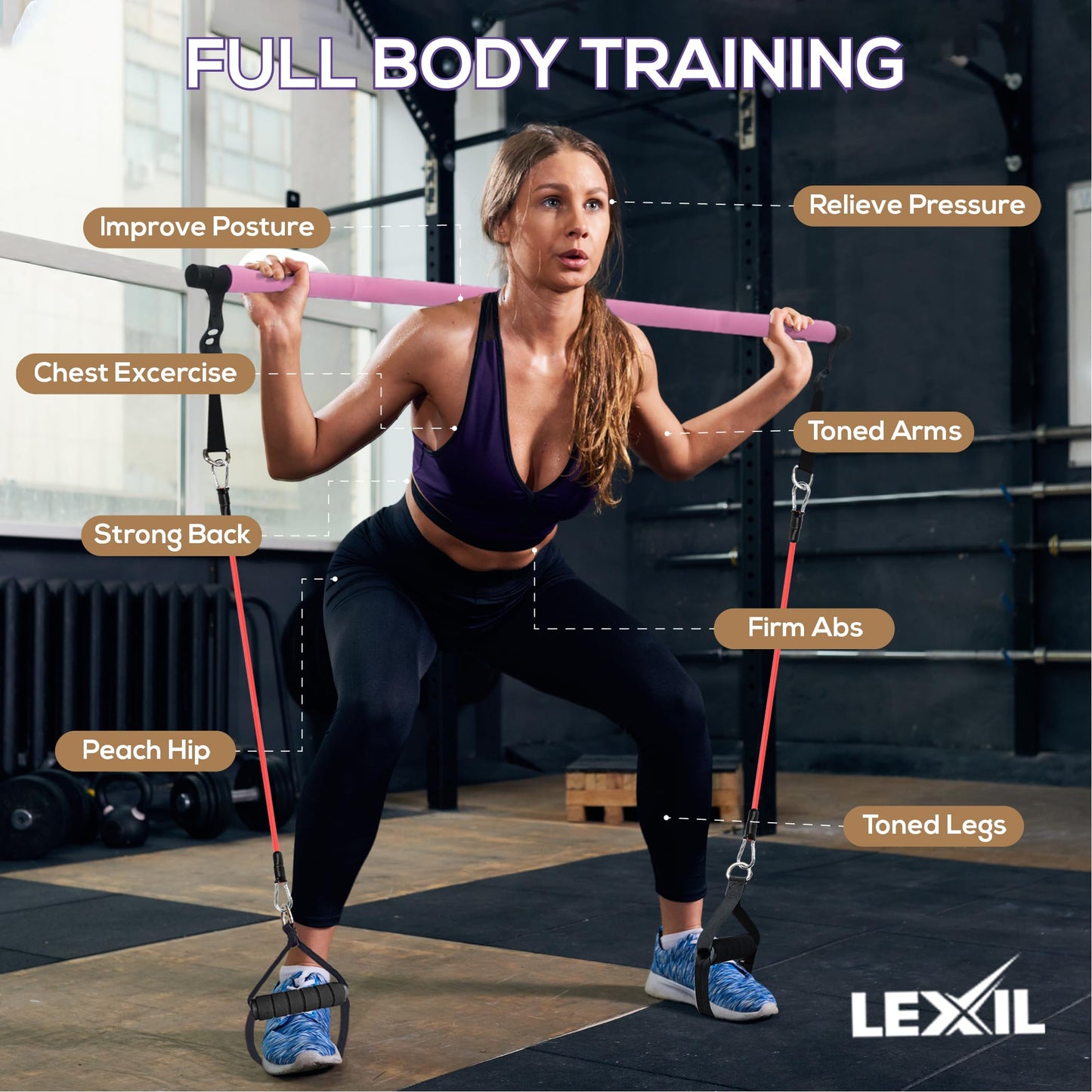 LEXIL Pilates Bar Exercise Kit-Stackable 3 Pairs of Resistance Bands (15, 20, 30LB) - Home Gym Equipment for Men and Women, Workout Kit for Body Toning,with Fitness Videoļ¼Pinkļ¼