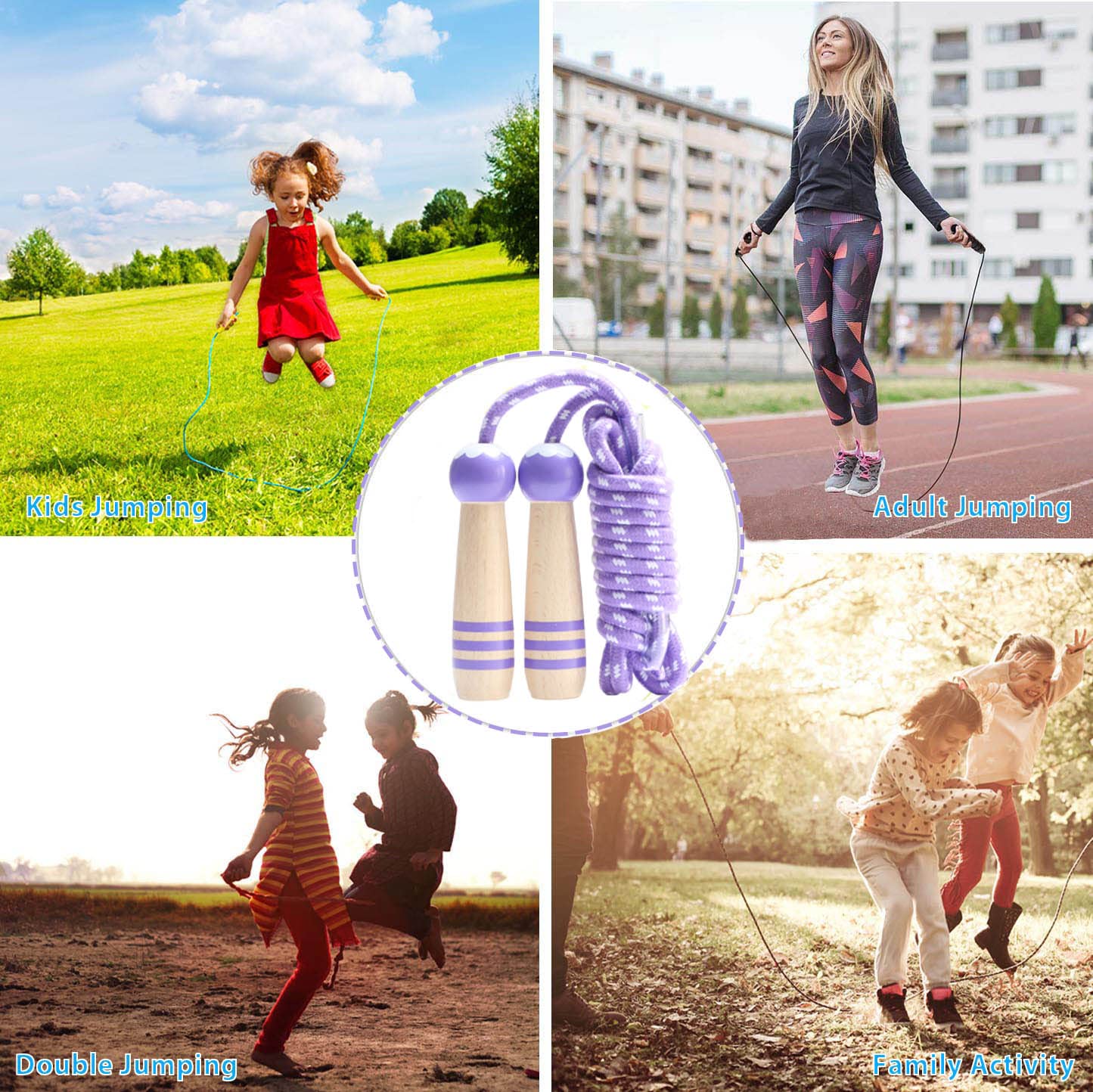 Jump Rope Kids,8.5ft Adjustable Cotton Skipping Rope with Wooden Handle for Boys and Girls Fitness Outdoor Exercise (Purple)