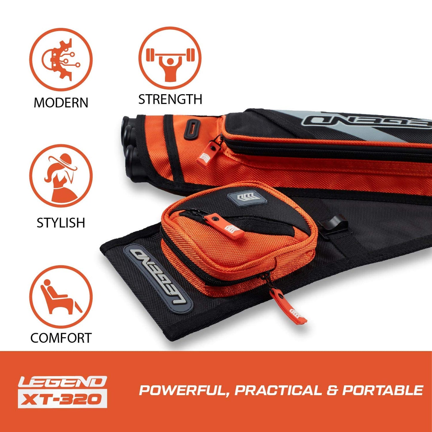 Legend XT320 Archery Quivers - Right Handed Nylon Hip Quivers with 3 Arrow Tube Cases for Target Shooting - Adjustable Waist Belt, T-Slot, Compartments for Accessories, Tools, Release Tab - Orange