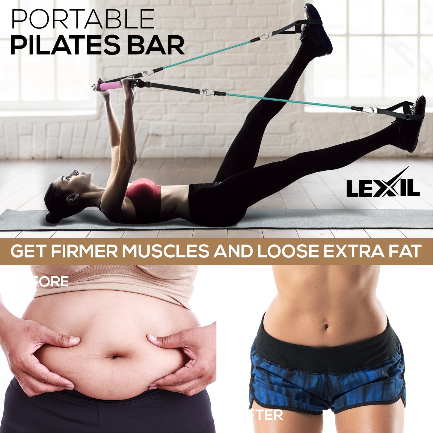 LEXIL Pilates Bar Exercise Kit-Stackable 3 Pairs of Resistance Bands (15, 20, 30LB) - Home Gym Equipment for Men and Women, Workout Kit for Body Toning,with Fitness Videoļ¼Pinkļ¼