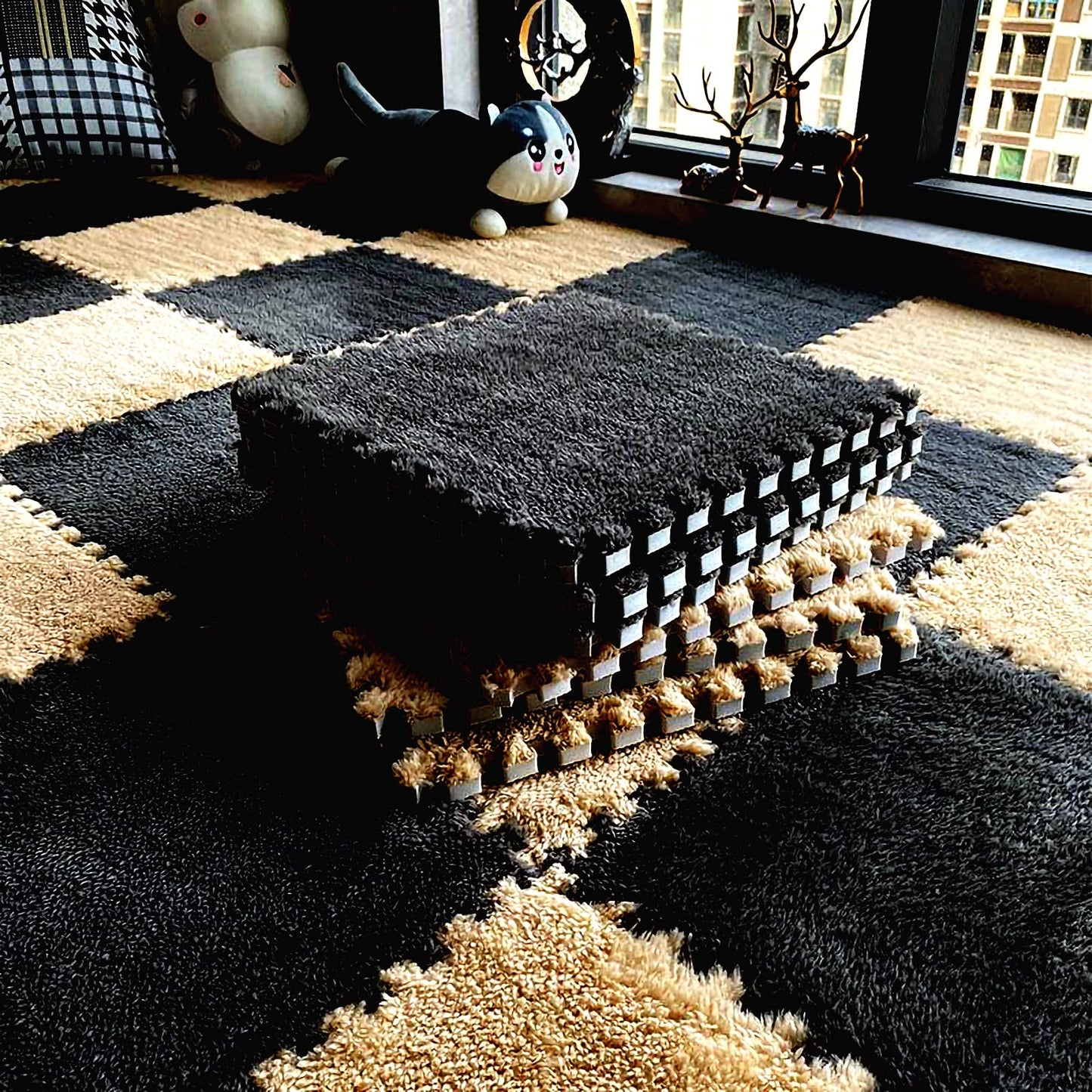 easycustomerlee 12pcs Interlocking Carpet Shaggy Soft EVA Foam Mats Fluffy Rugs Protective Floor Tiles Play Mats for Children Kids Room Home Parlor Bedroom(Black)