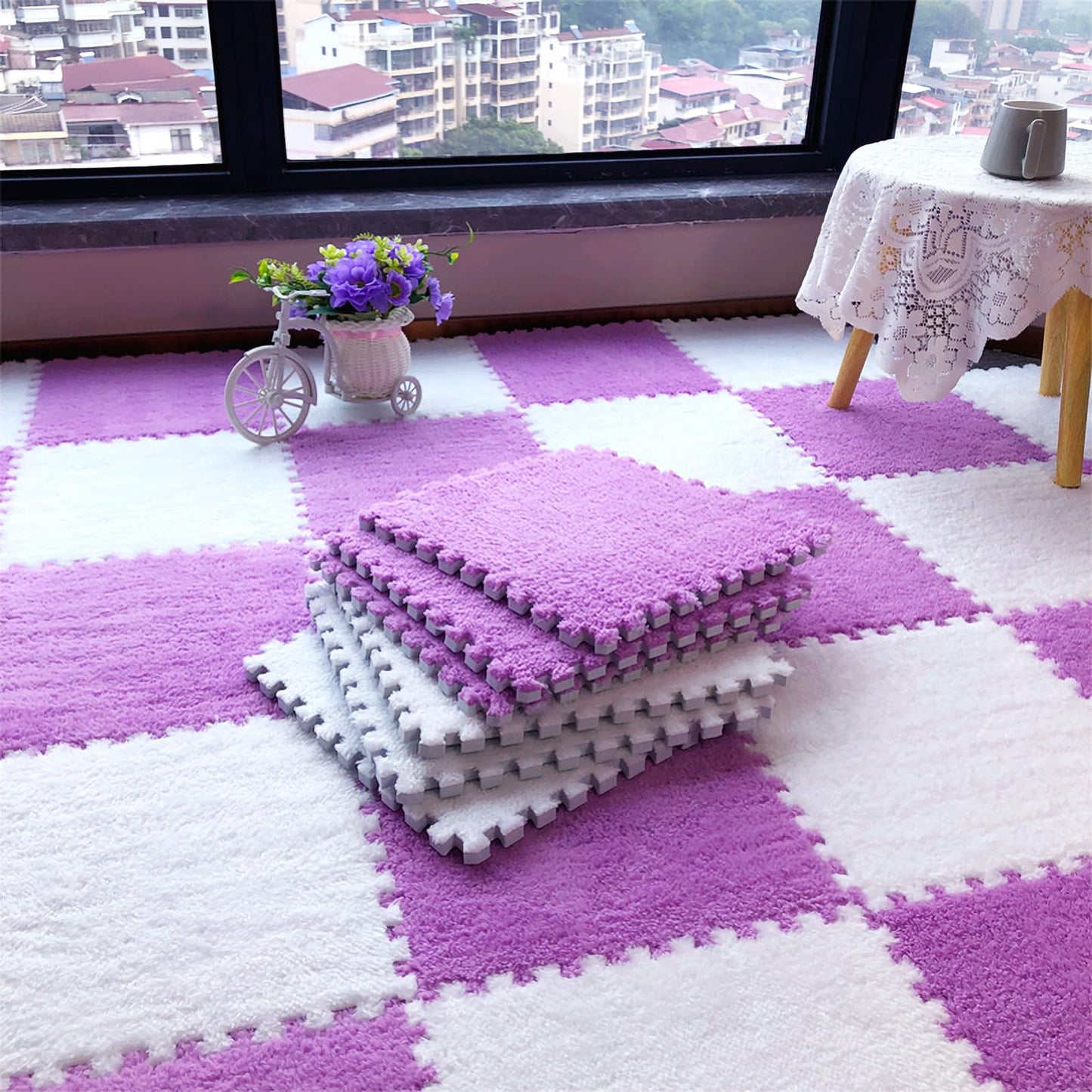easycustomerlee 12pcs Interlocking Carpet Shaggy Soft EVA Foam Mats Fluffy Rugs Protective Floor Tiles Exercise Play Mats for Children Kids Room Home Parlor Bedroom(Purple)