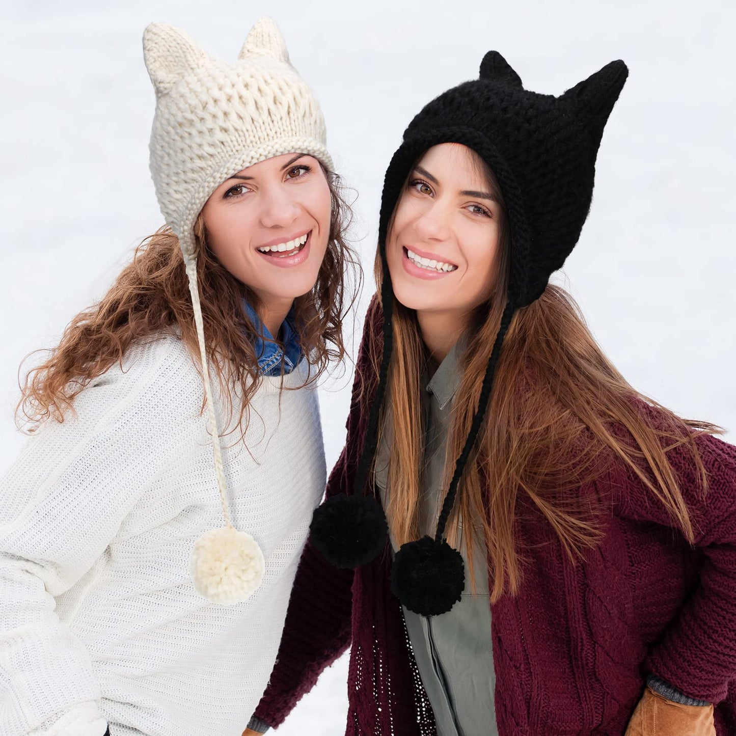 Cat Ear Beanie 2 Pieces Warm Beanie with Ears Cute Cat Hats for Women Crochet Cat Winter Hat Knit Ear Pom Hat Black, White